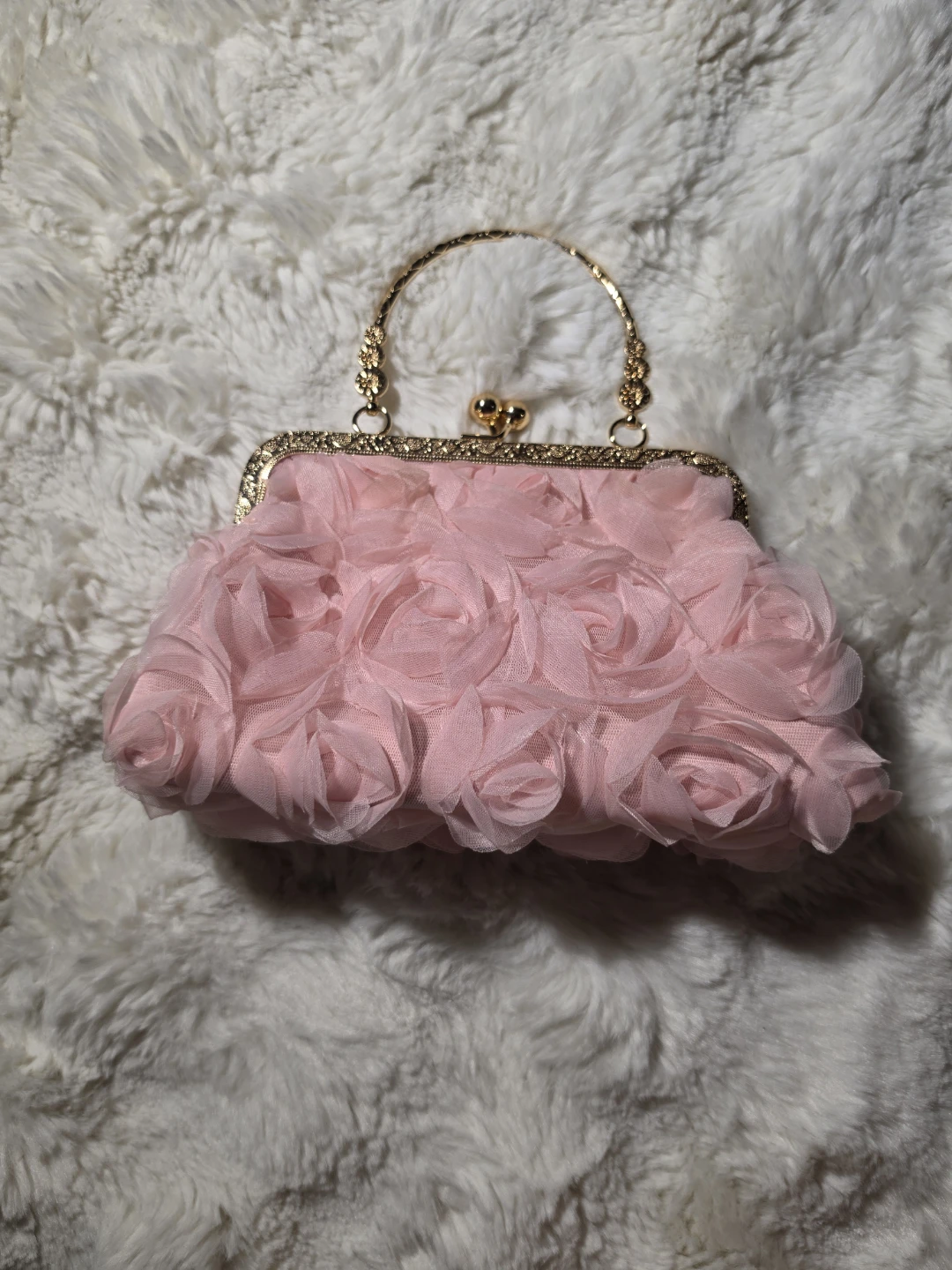 Pink Rosette Clutch Evening Bag with Chain