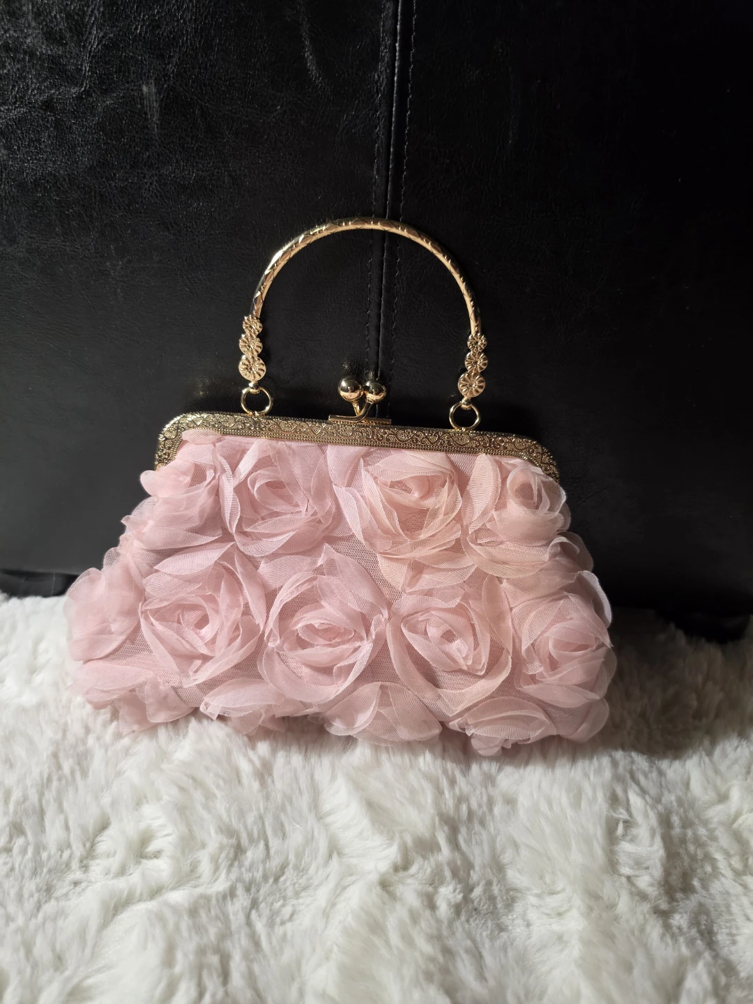 Pink Rosette Clutch Evening Bag with Chain - photo 2