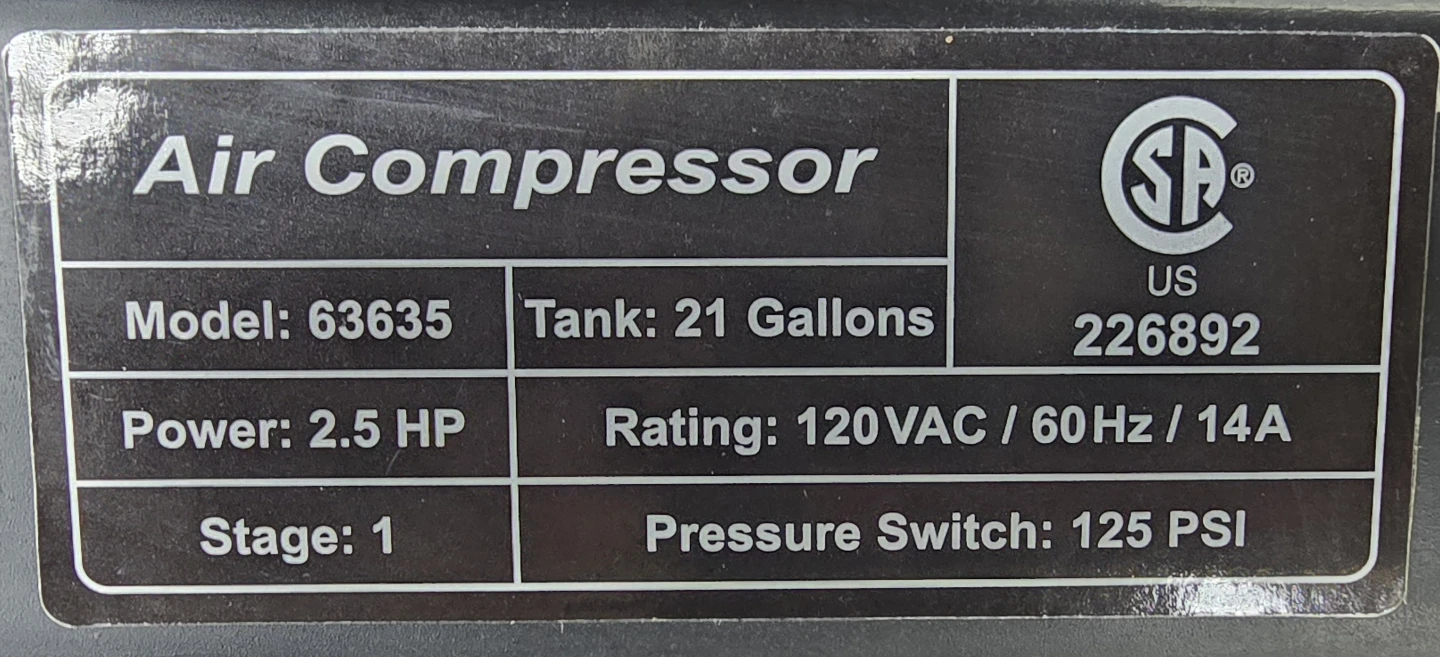Central Pneumatic Air Compressor 21 Gallon 2.5 HP 125 PSI - photo 3