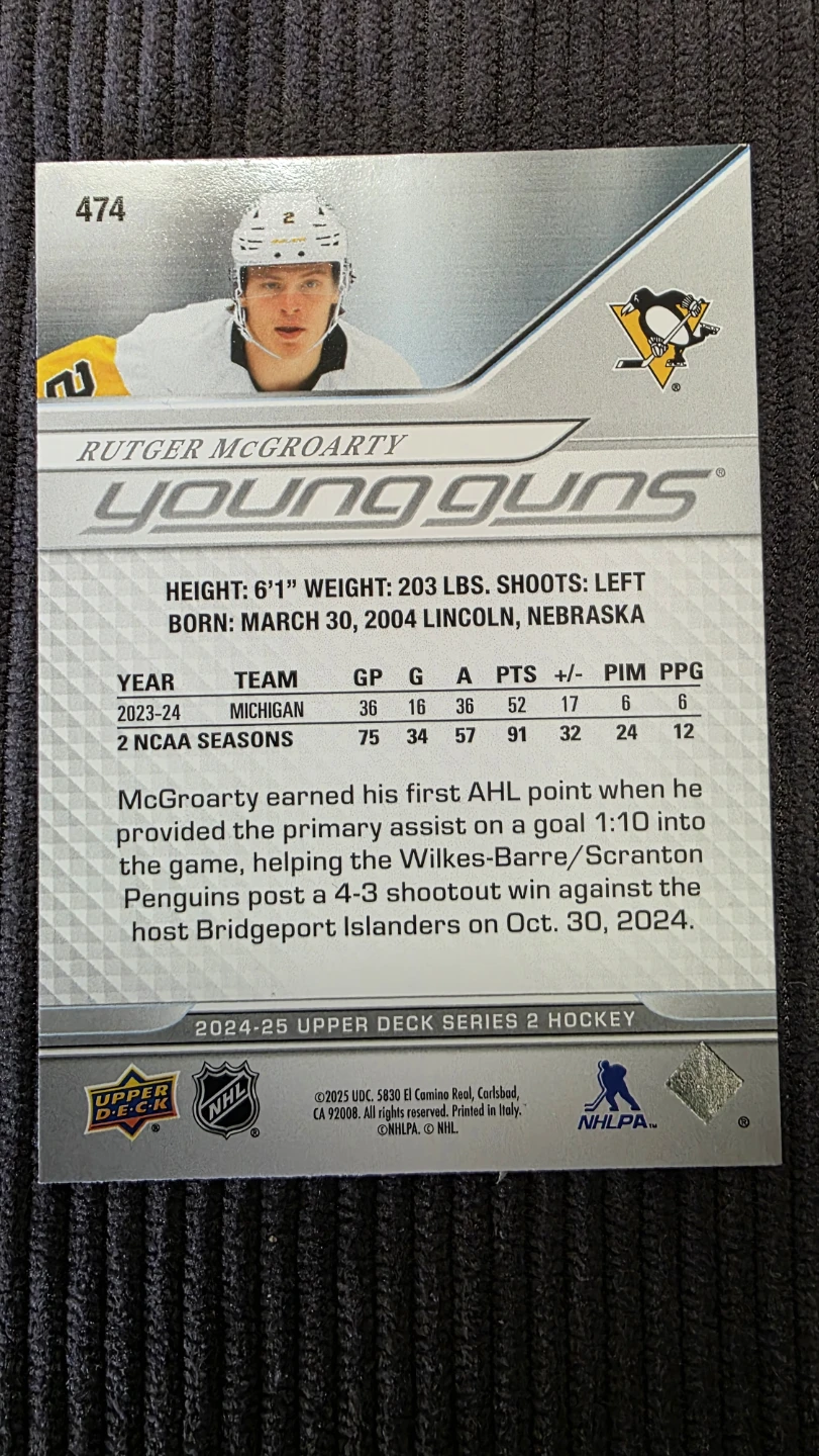 Upper Deck Young Guns Rutger McOarty Hockey Card - photo 2