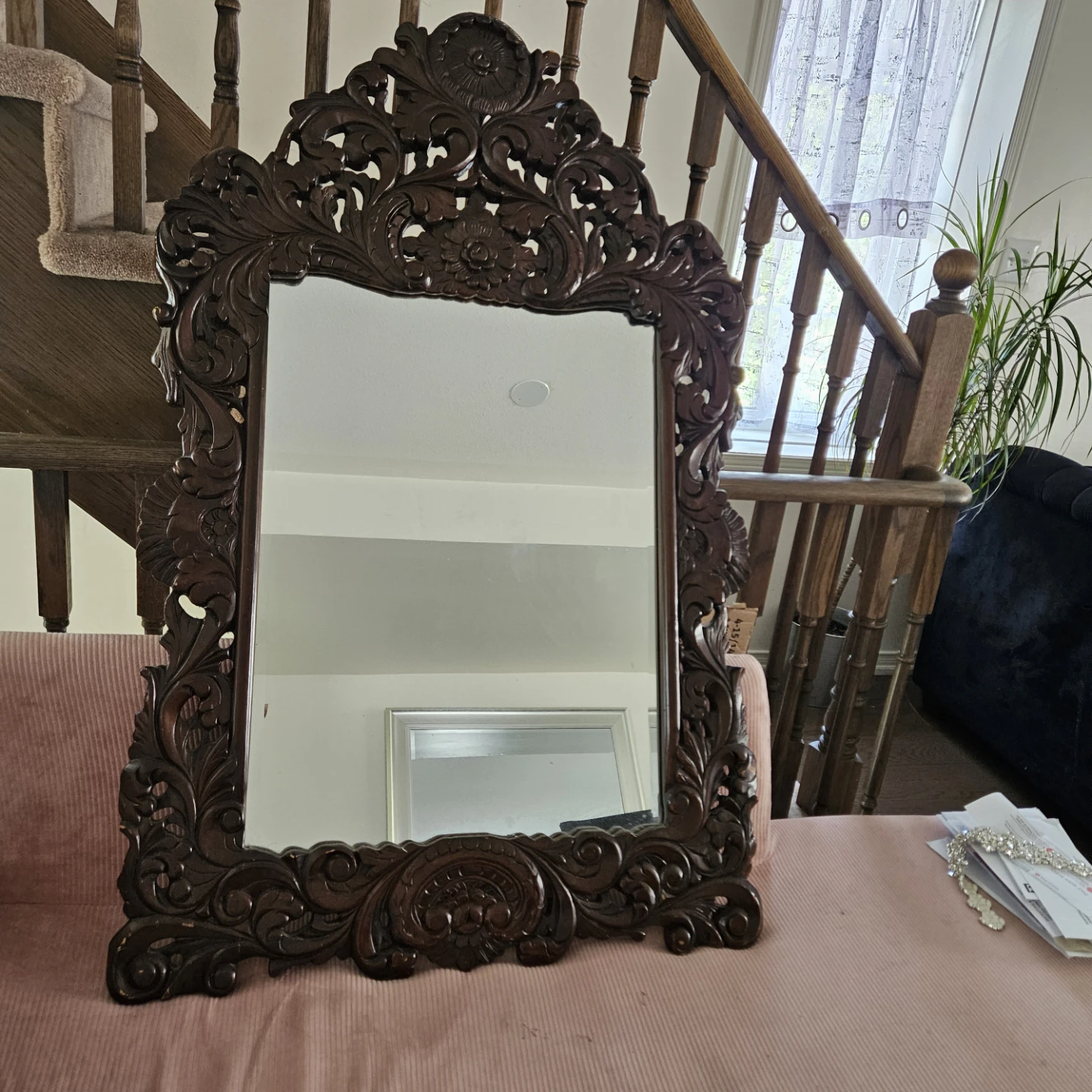 Ornate Dark Wood Carved Mirror - photo 2