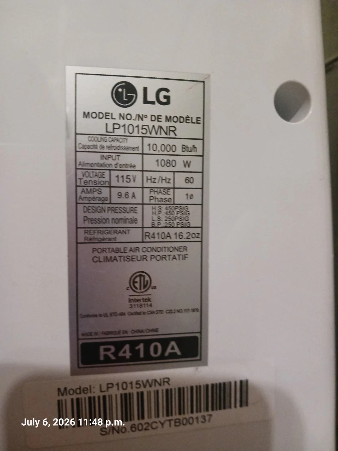 LG Portable Air Conditioner LP0813WNR 8,000 BTU - photo 2