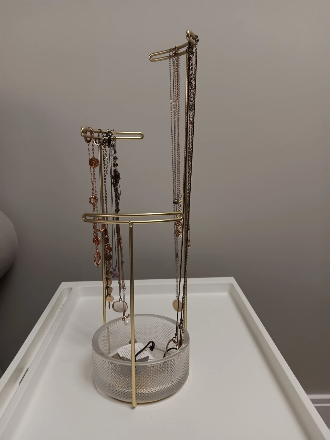 Gold Tone Tiered Jewelry Stand with Glass Tray