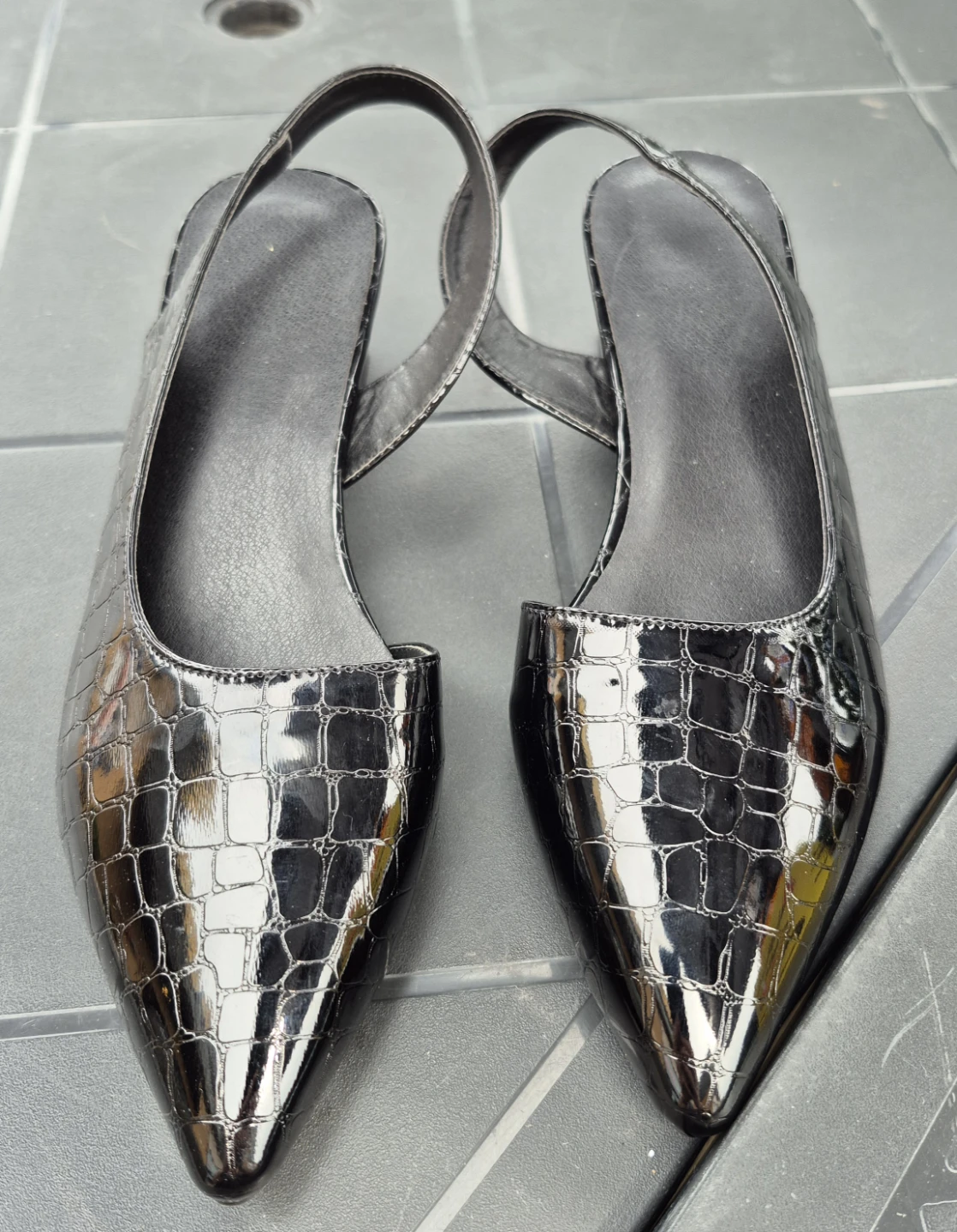 Never worn! Black Croc-Embossed Slingback Heels
