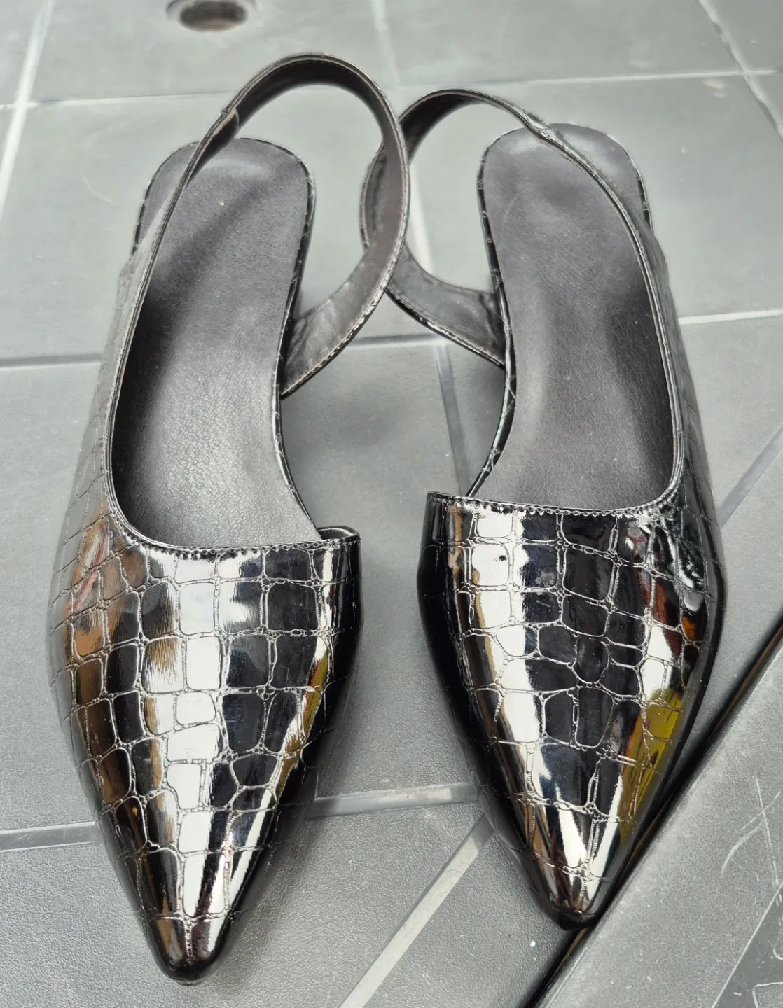 Never worn! Black Croc-Embossed Slingback Heels