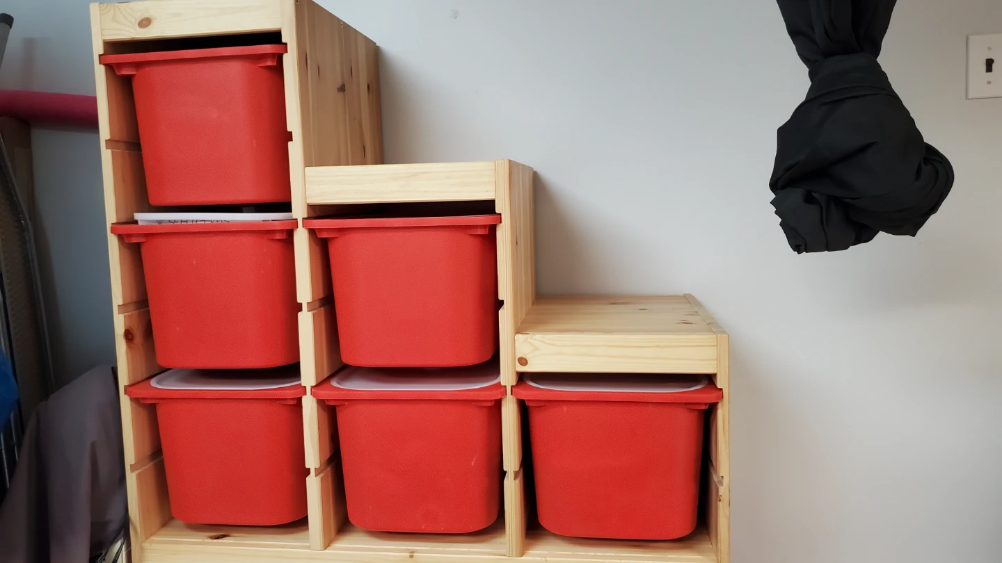 IKEA Pine Wood Storage Unit with 6 Red Bins