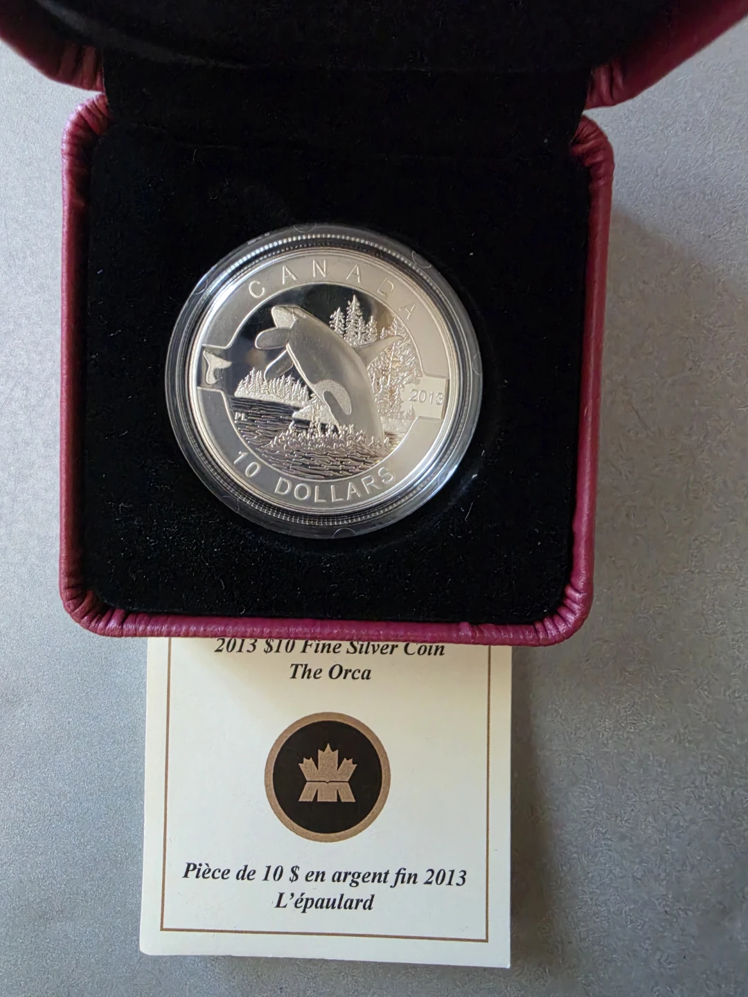 2013 $10  Fine Silver Orca proof coin