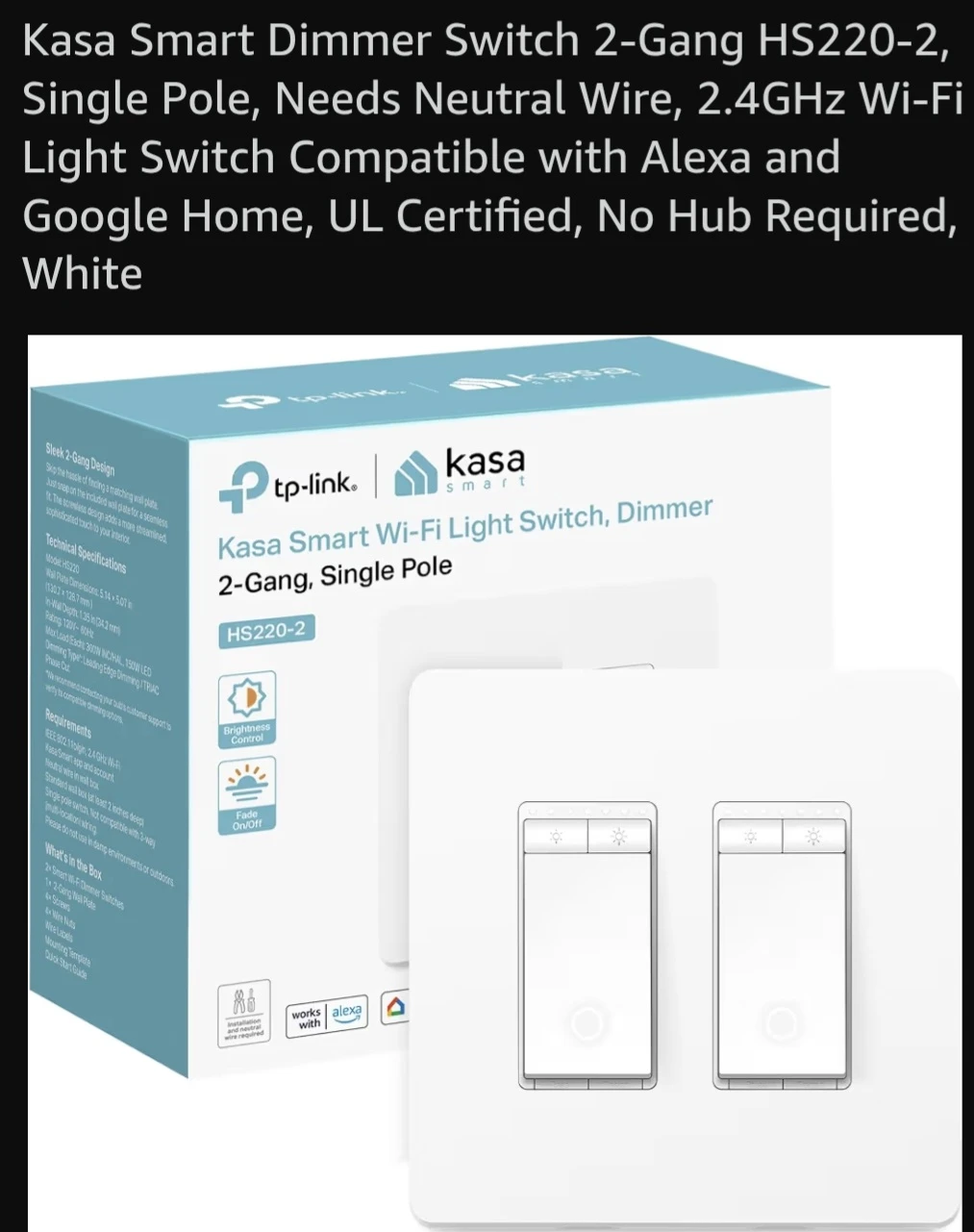 Kasa Smart Dimmer Switch 2-Gang HS220-2