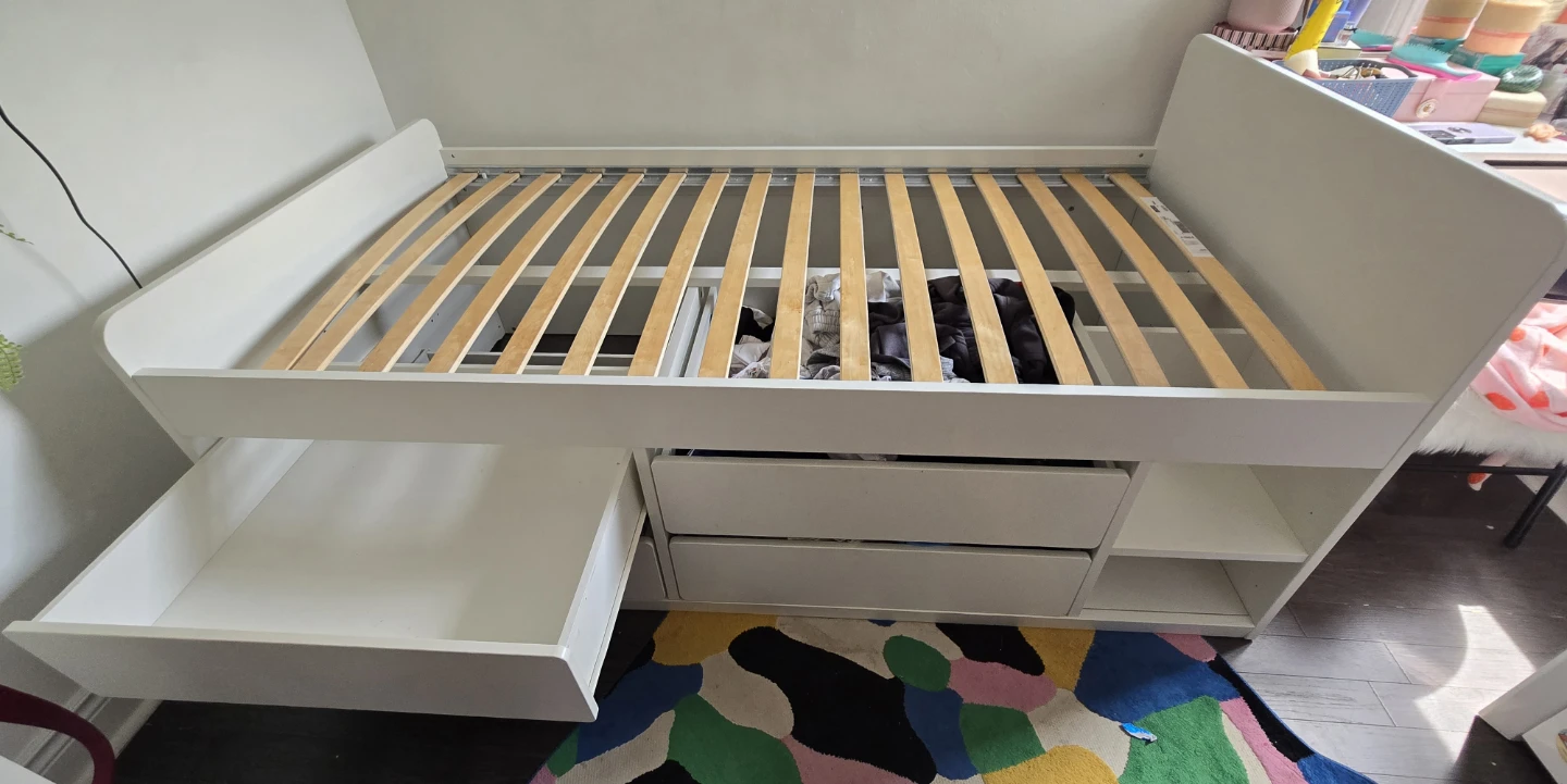 IKEA White Bed Frame with Drawers and Shelves
