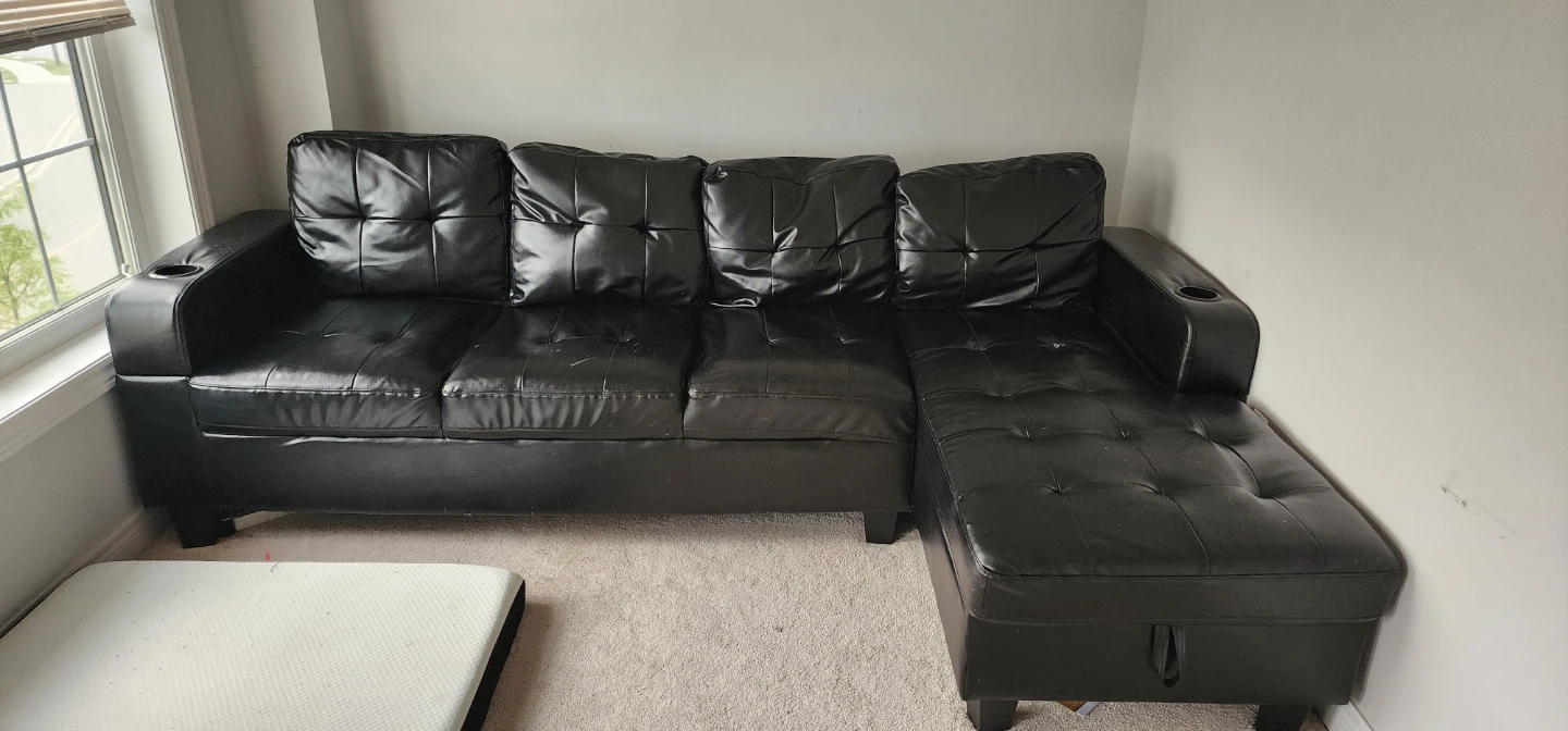 Black Faux Leather Sectional Sofa with Storage