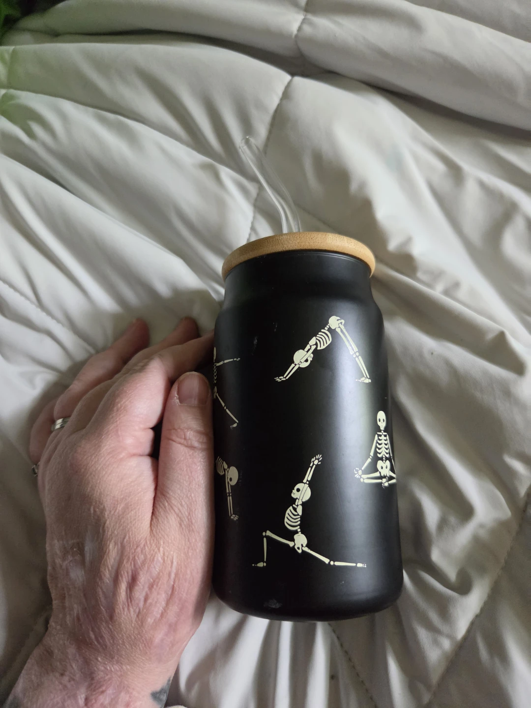 New Black Skeleton Yoga Tumbler with Glass Straw and Bamboo Lid