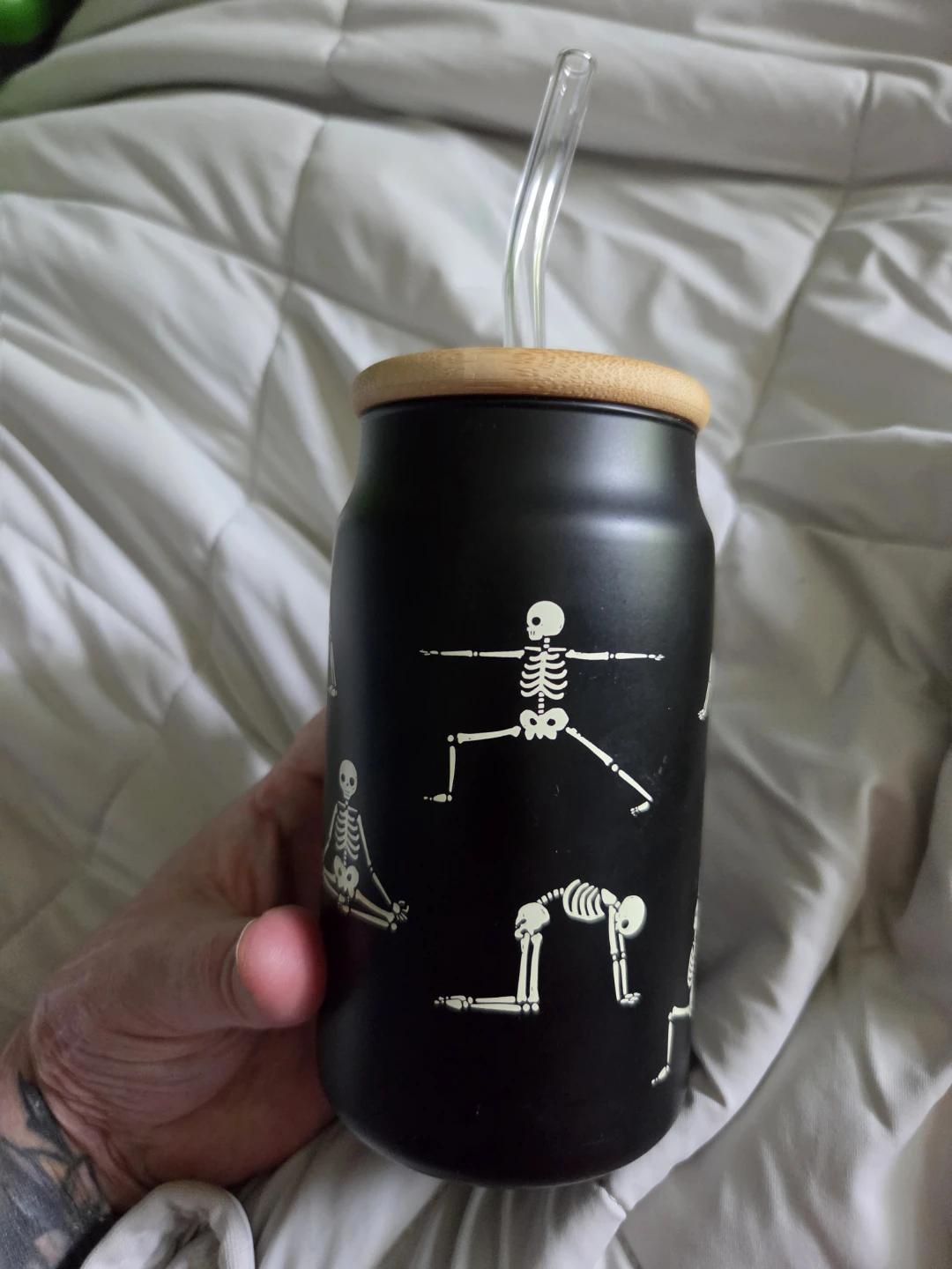 New Black Skeleton Yoga Tumbler with Glass Straw and Bamboo Lid - photo 2