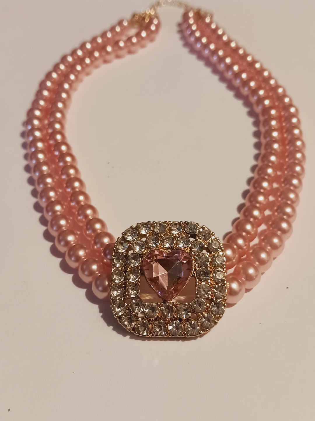 New !! Pink Pearl Choker Necklace with Heart Charm
