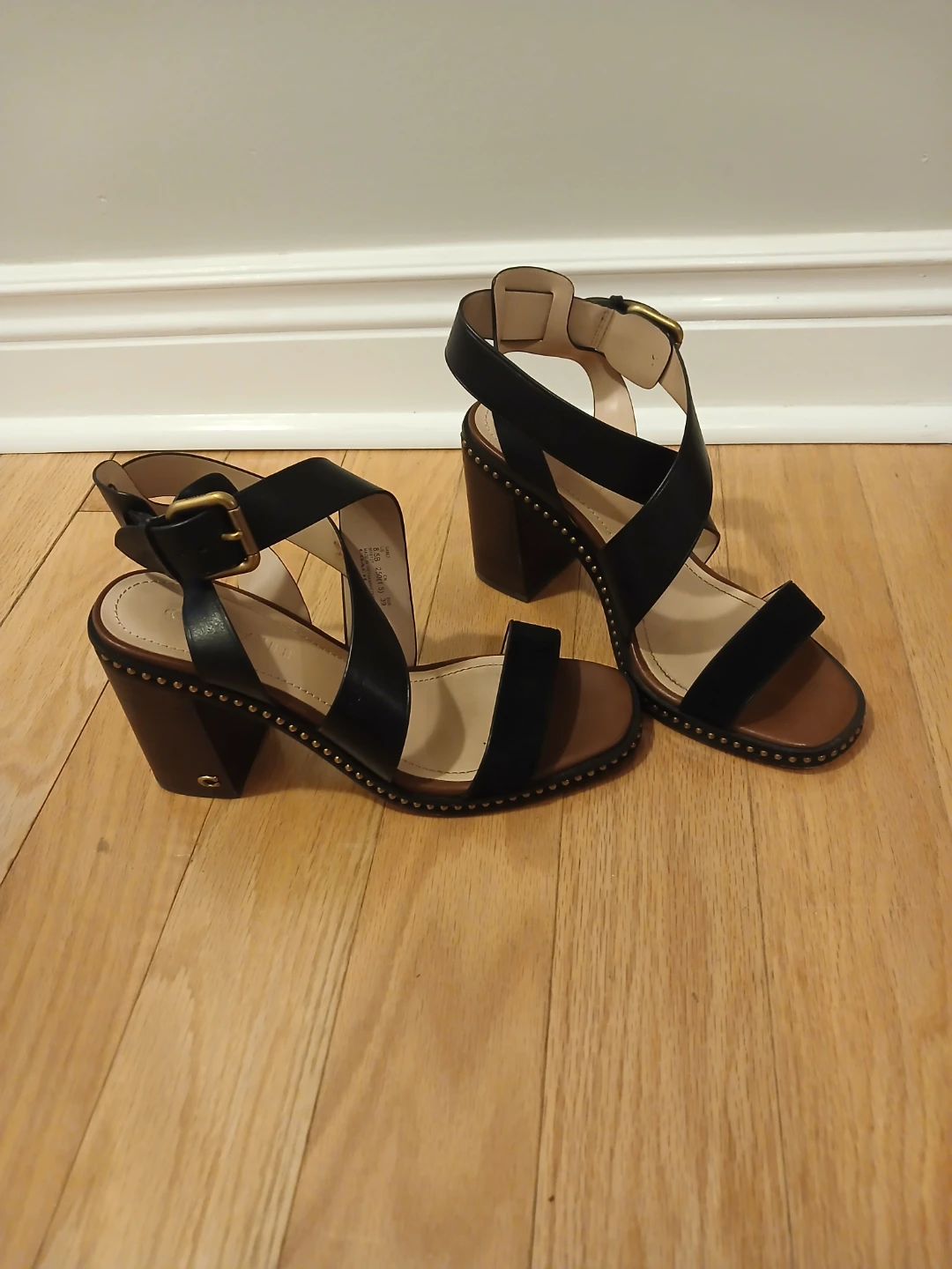 Coach Black Leather Studded Block Heel Sandals