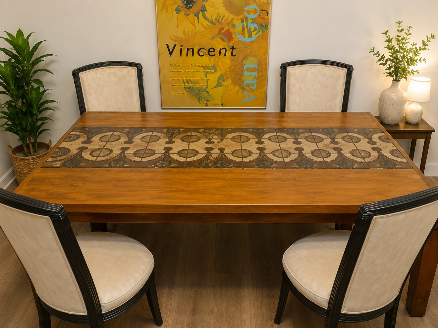 Wooden Dining Table with Decorative Tile Inlay