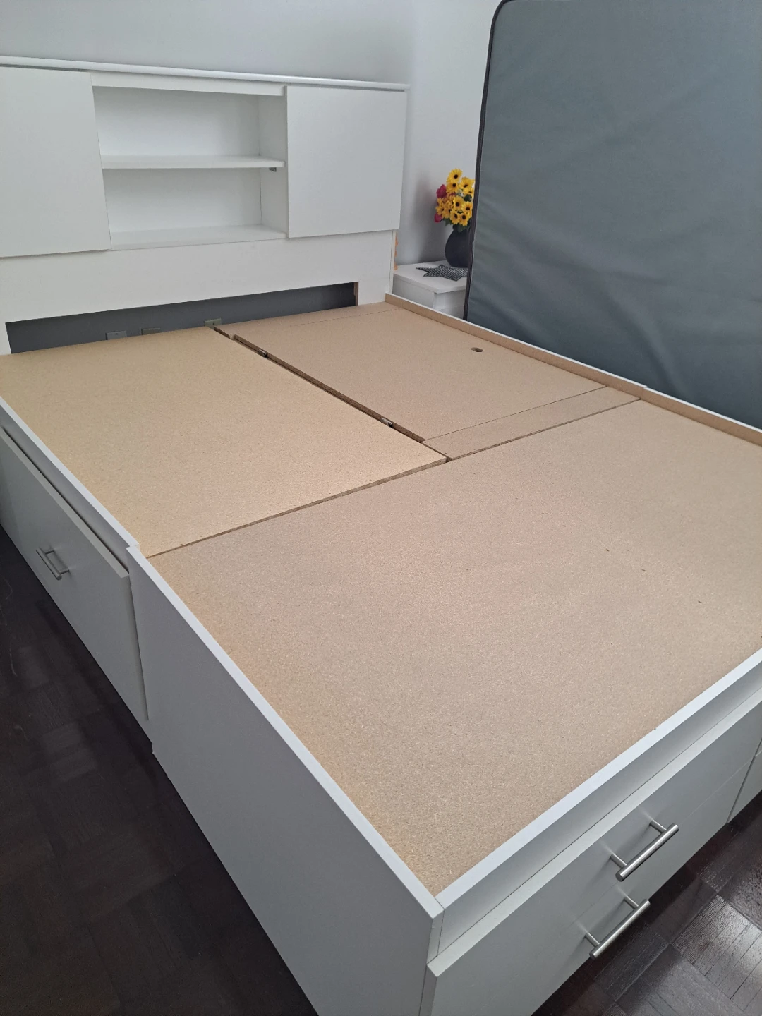 White Storage Bed Frame with Headboard and Mattress