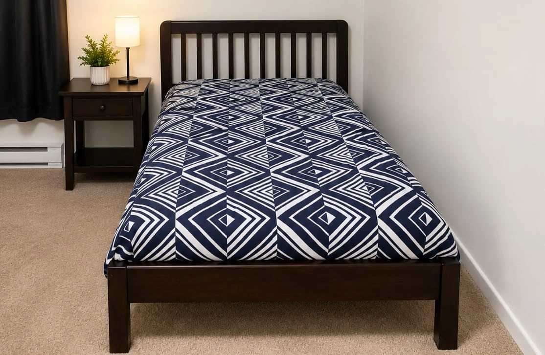 Dark Wood single Bed Frame with Geometric Duvet