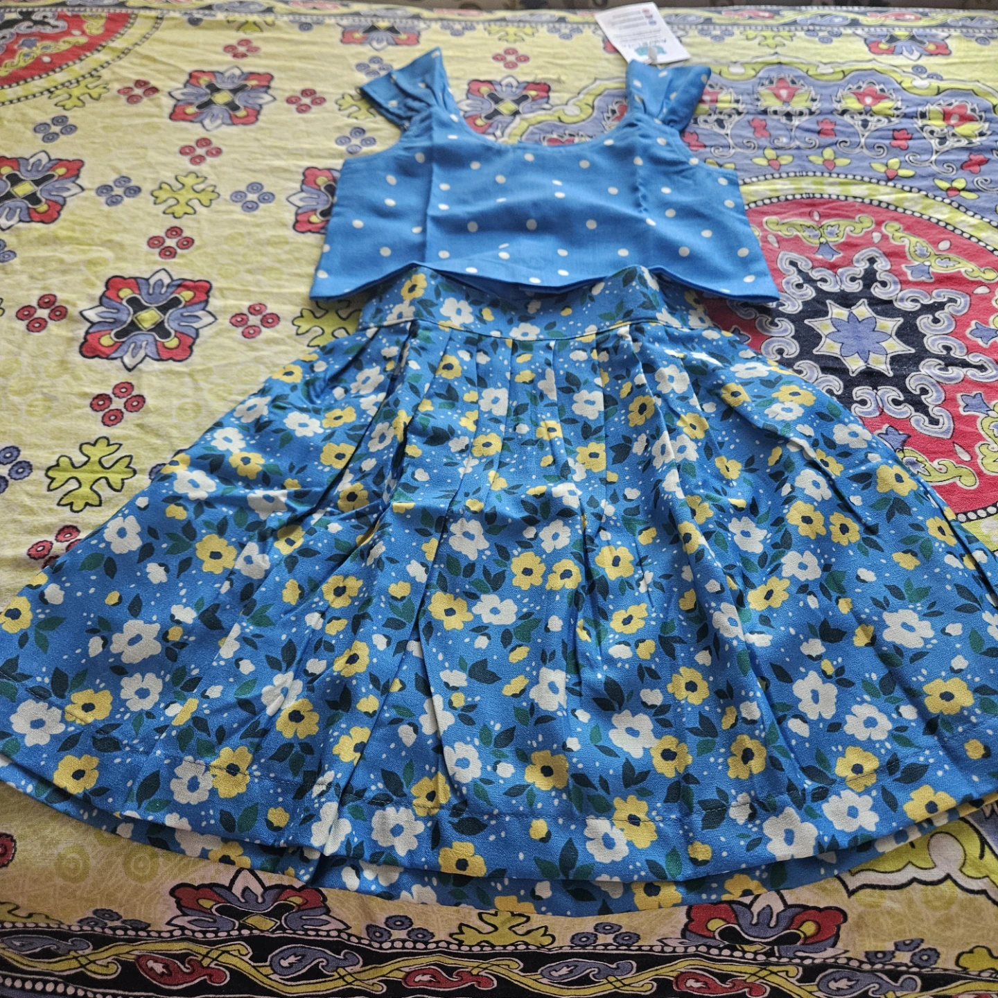 Brand new Blue Floral Skirt and Polka Dot Top Set