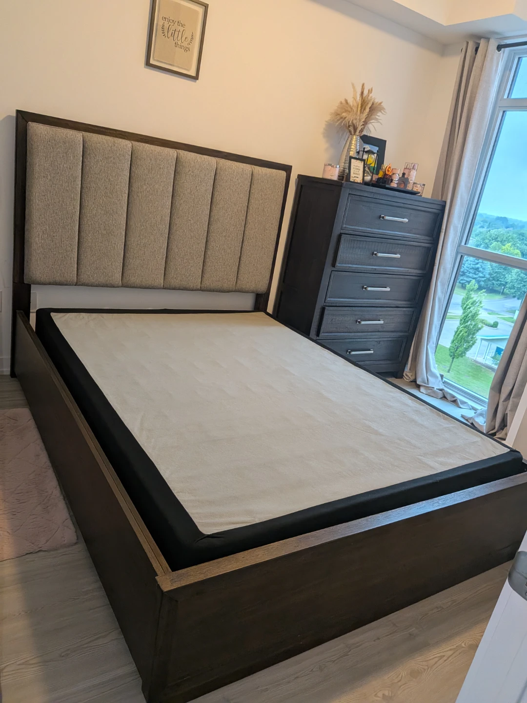 Dark Wood Upholstered Platform Bed Frame