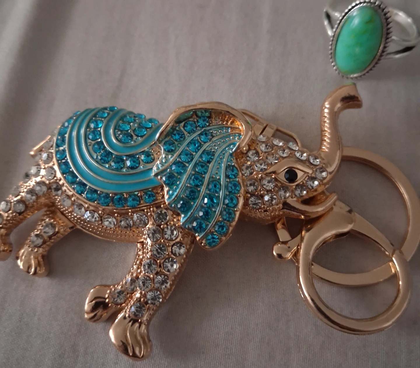 Gold Elephant Keychain with Blue and Clear Rhinestones