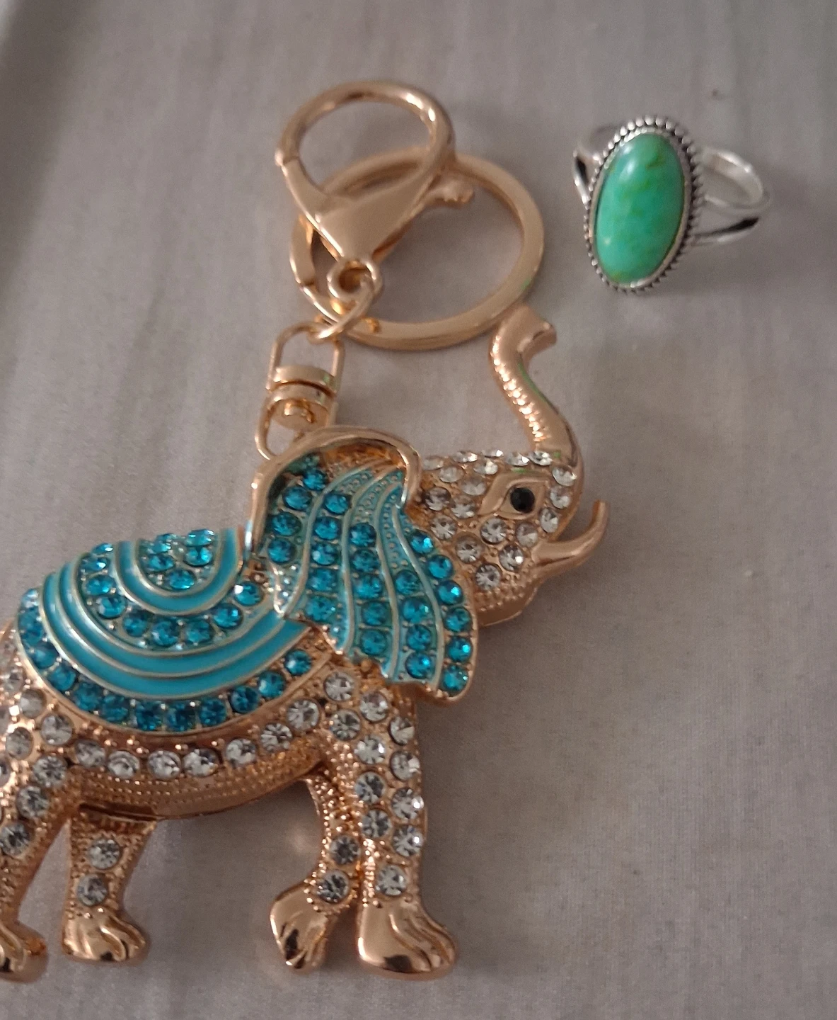 Gold Elephant Keychain with Blue and Clear Rhinestones - photo 2