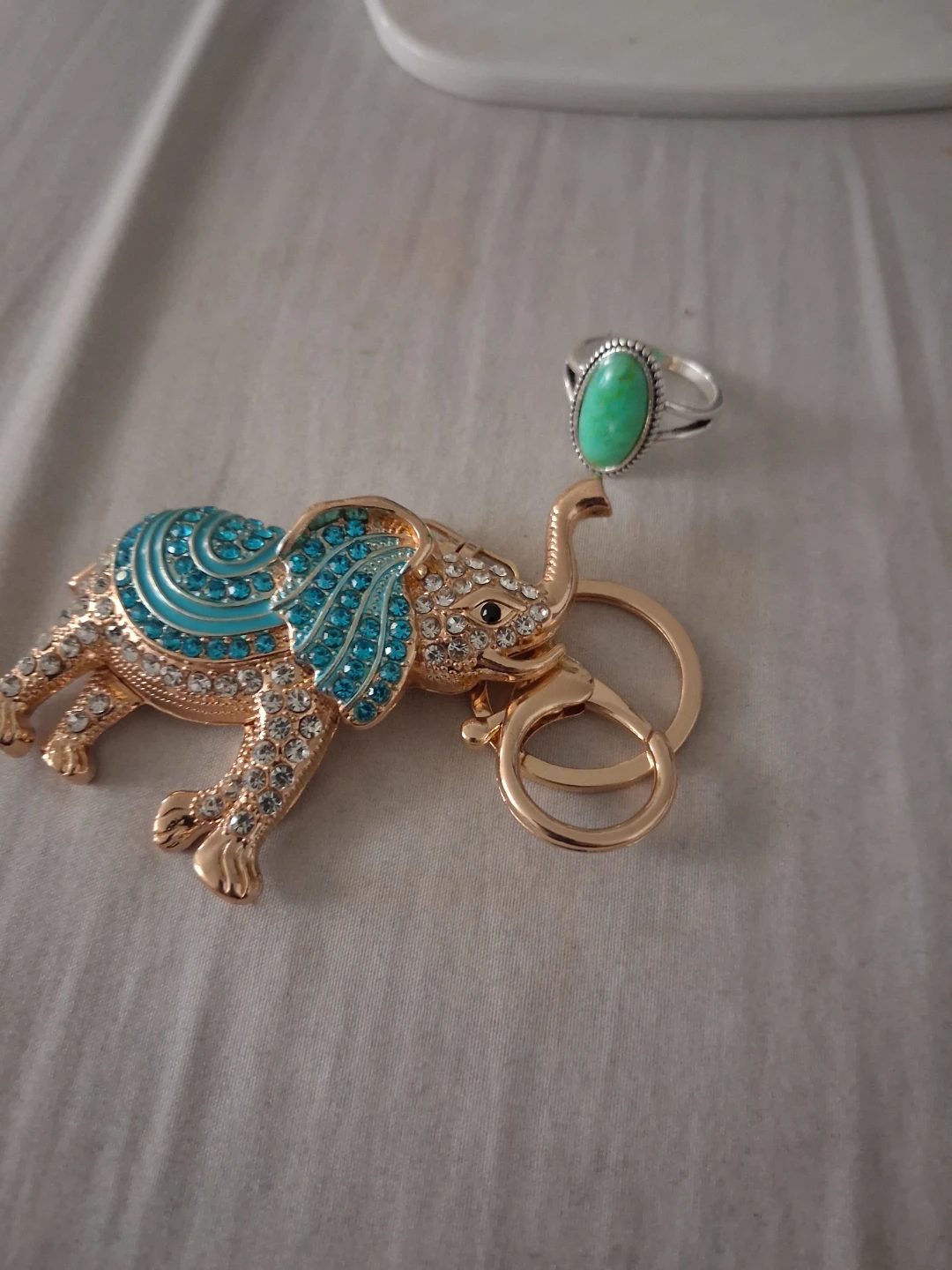 Gold Elephant Keychain with Blue and Clear Rhinestones - photo 3