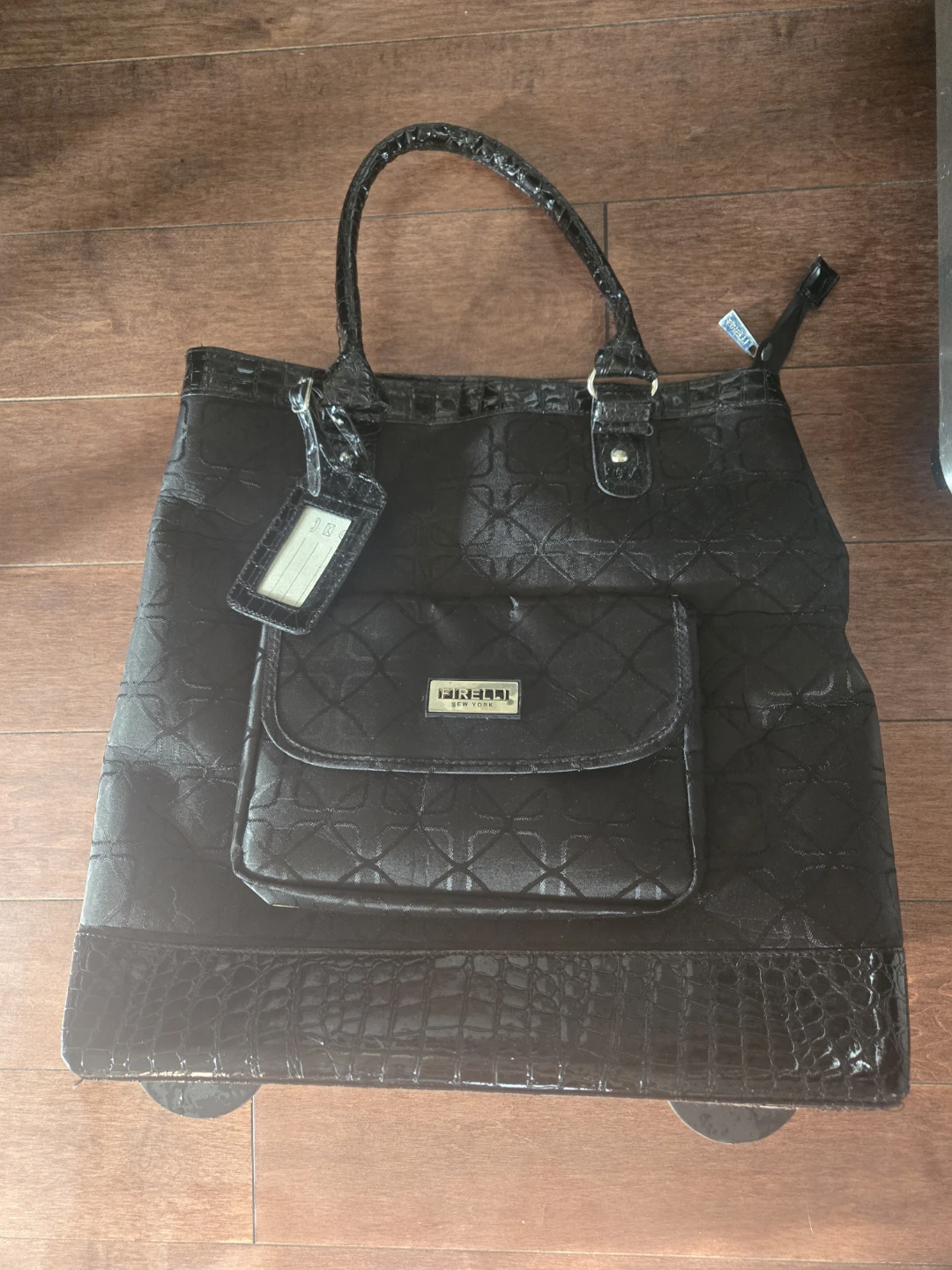 Firelli Black Crocodile-Embossed Rolling Tote Bag