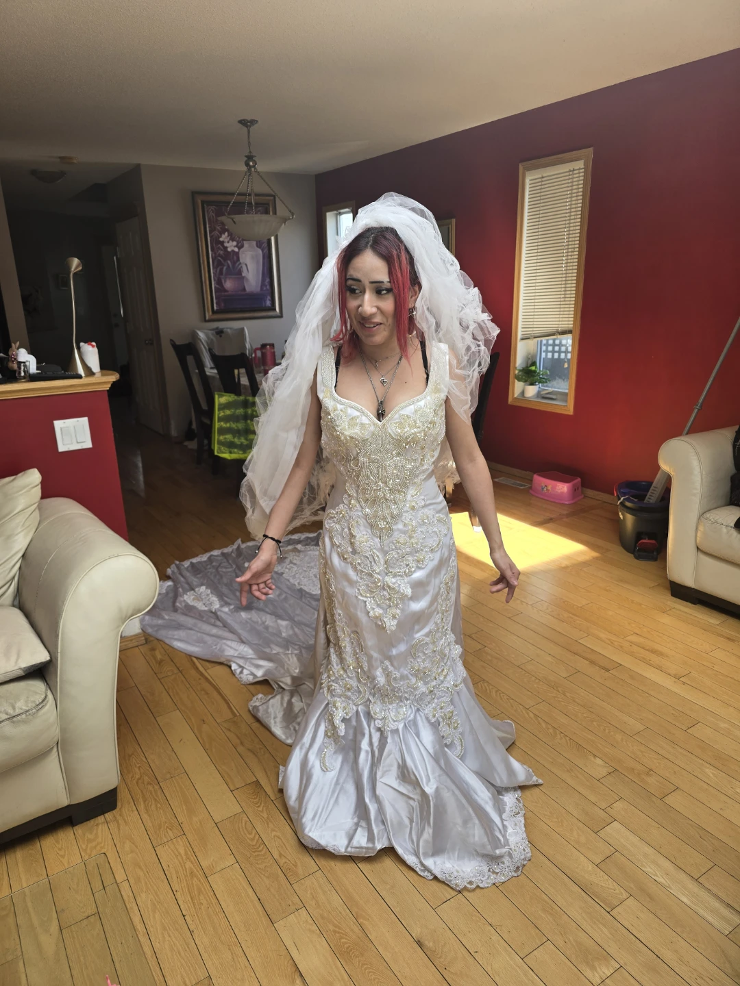 White Wedding Dress with Veil and Train