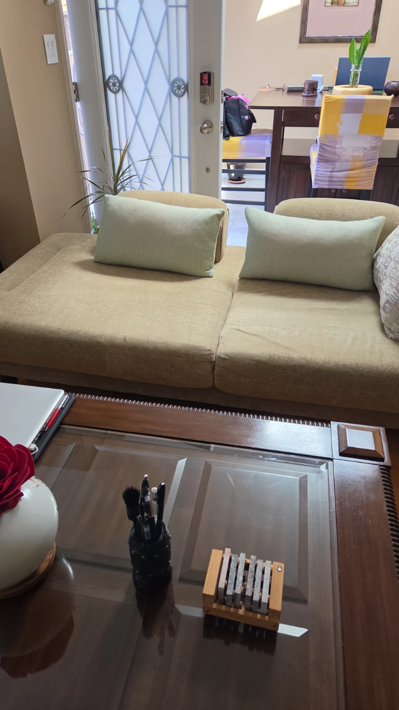 Two beige lounge chairs with decorative pillows