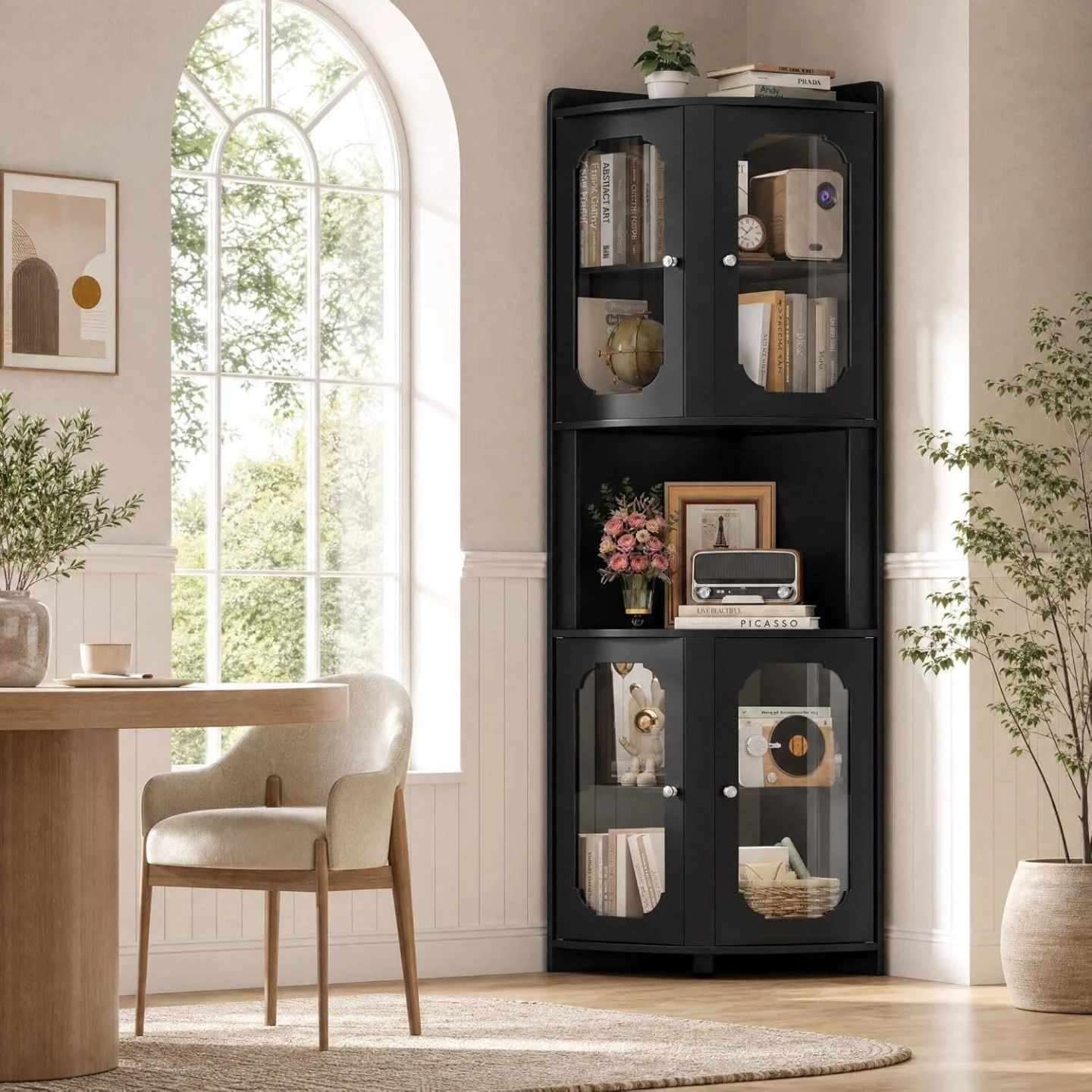 Black Corner Cabinet with Glass Doors