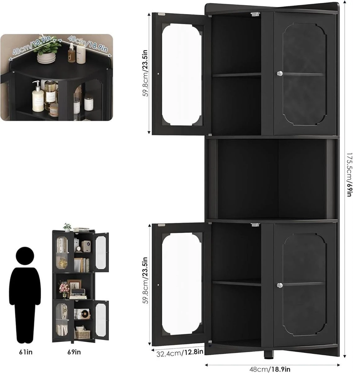 Black Corner Cabinet with Glass Doors - photo 2