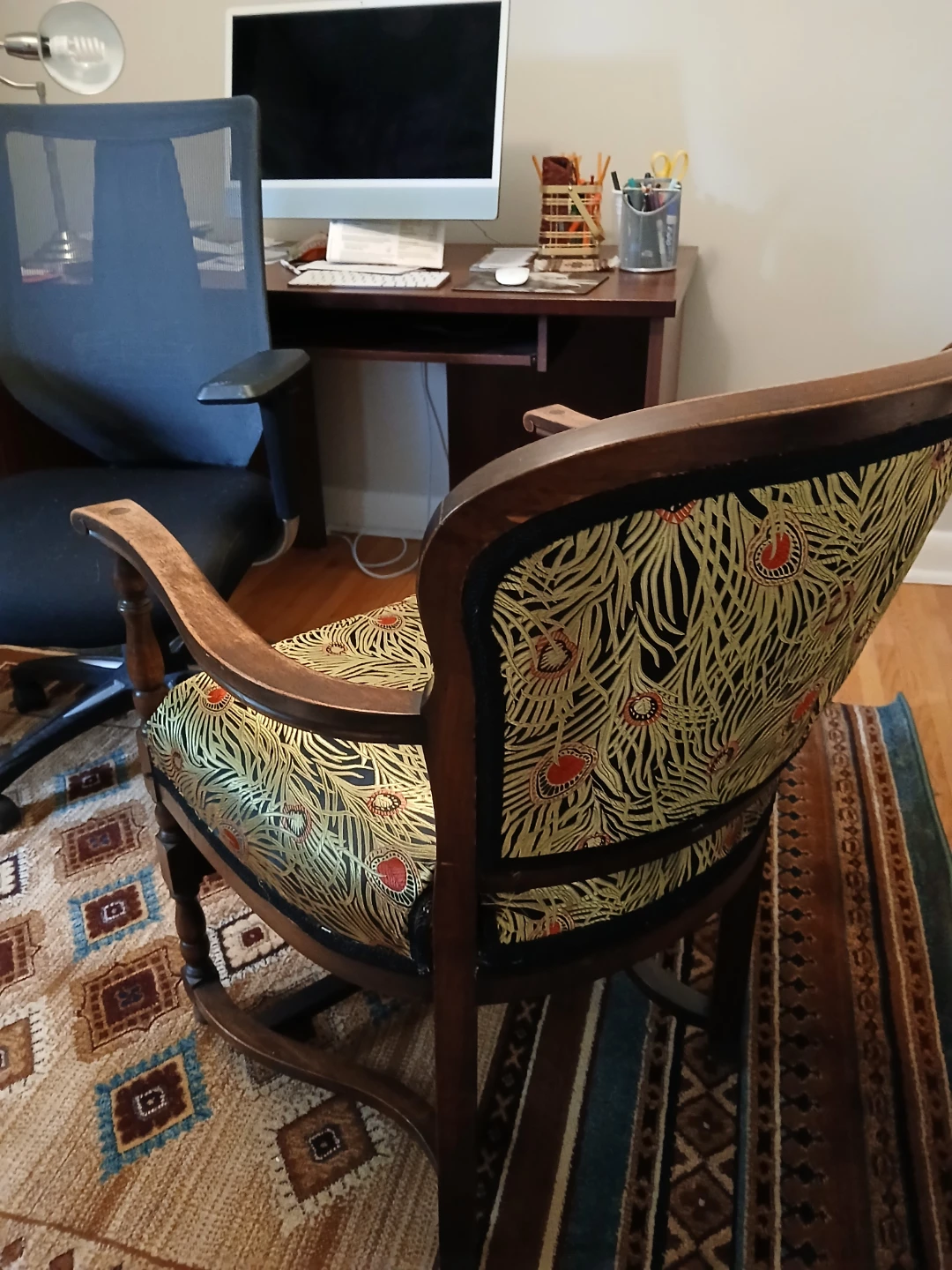 Vintage Accent Chair with Peacock Feather Upholstery