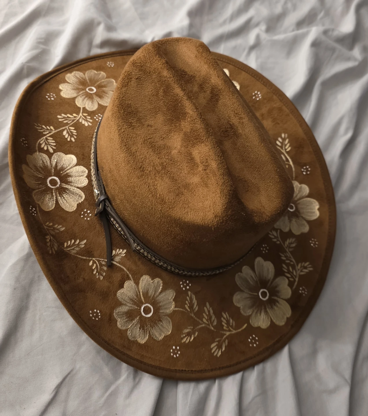 Brown Suede Cowboy Hat with a handpainted Floral Design