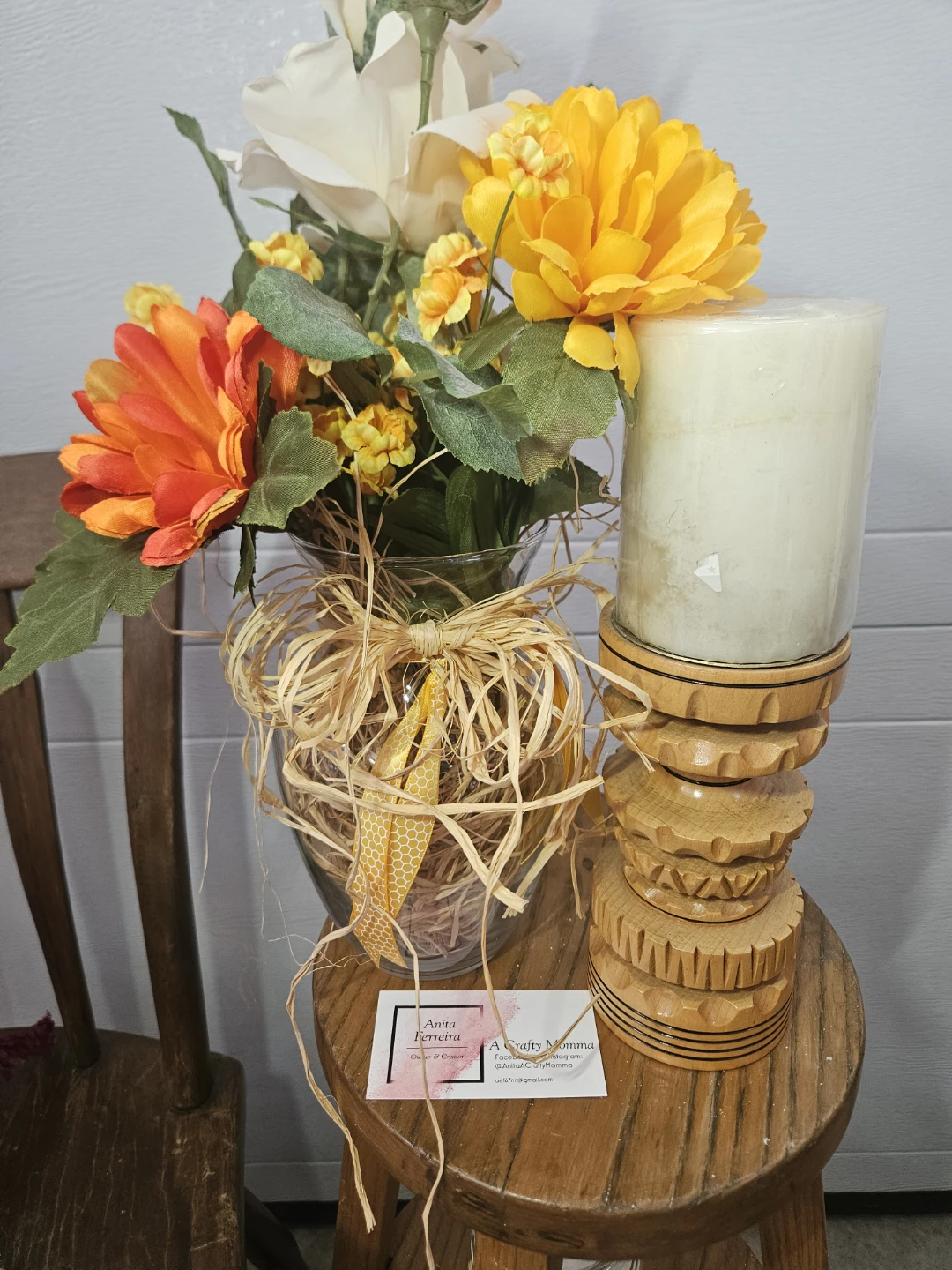 Wooden Candle Pier 1, and Holder with Faux Flowers - photo 2