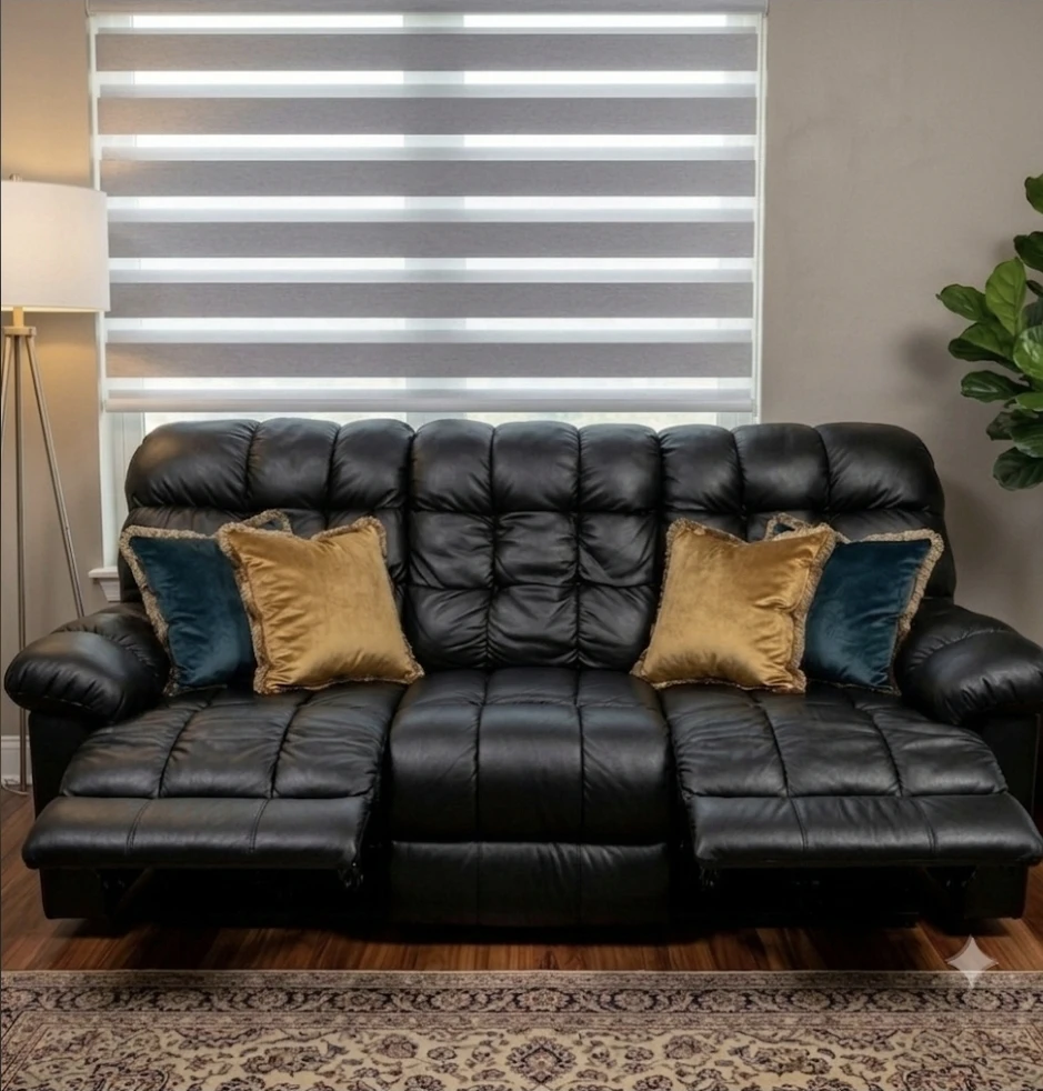 Black Plush Tufted 3-Seater Reclining Sofa