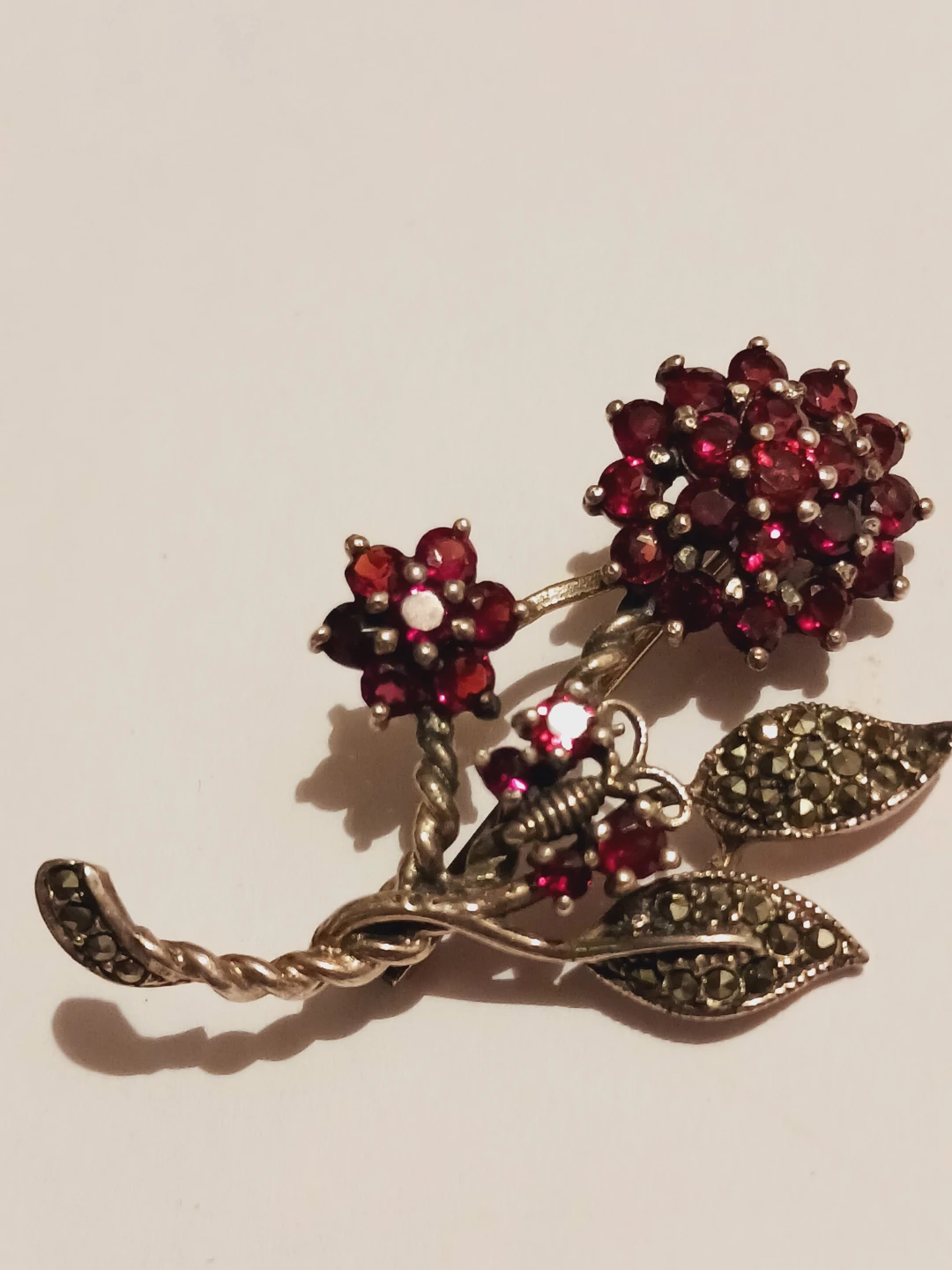 Sterling Silver 925 Genuine Garnet Gemstones Marcasite Brooch