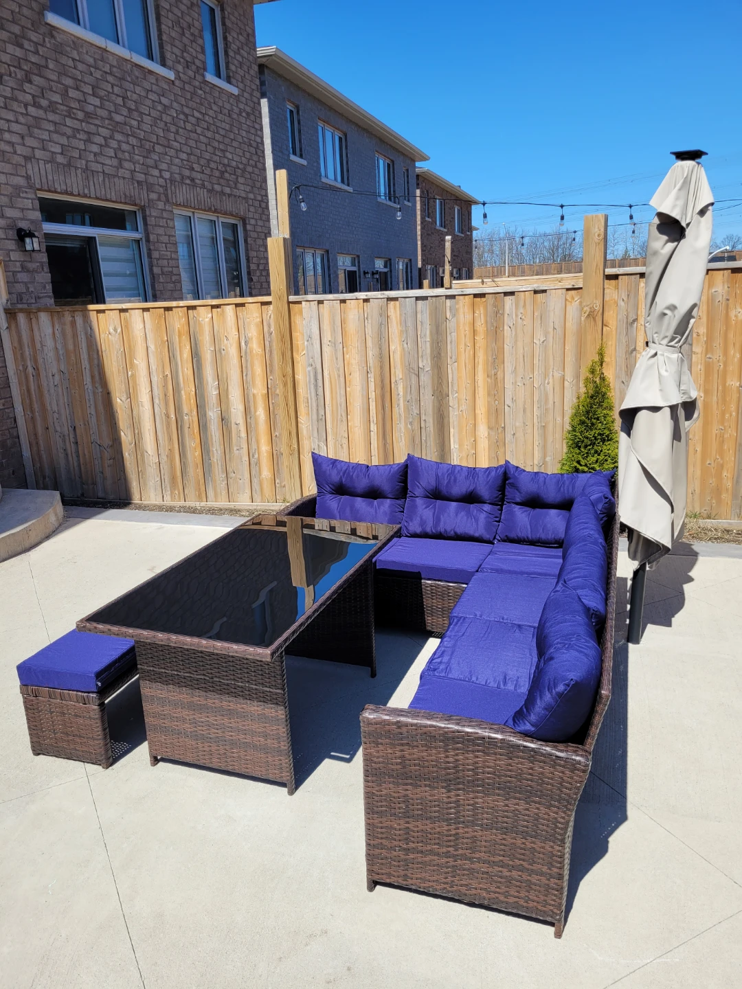 Wicker Patio Set with Blue Cushions and Glass Table - photo 3