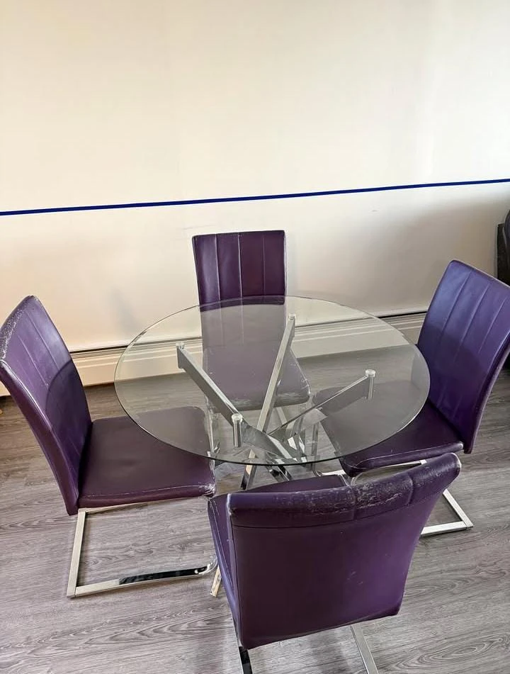 Glass Top Dining Table with 4 Purple Chairs