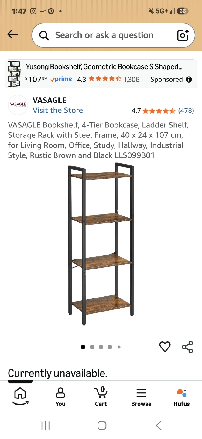 VASAGLE 4-Tier Bookshelf - Rustic Brown & Black