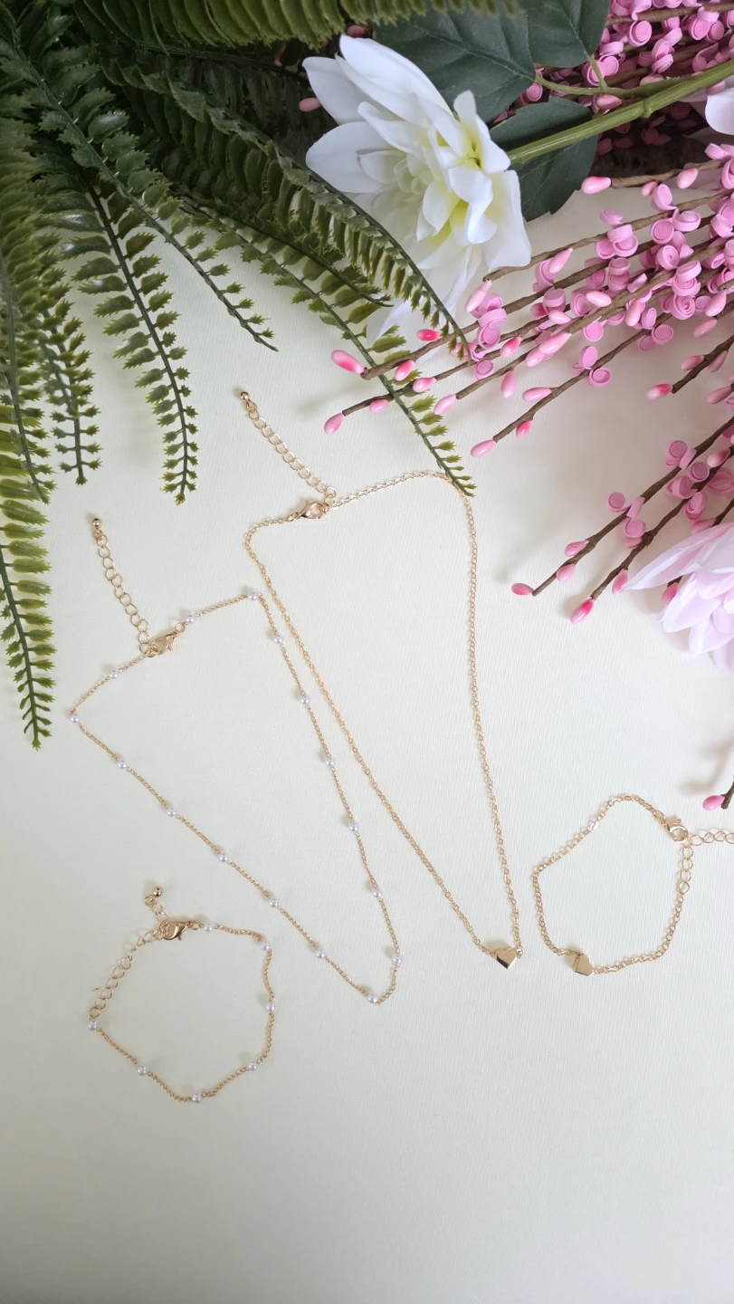 Gold Tone Heart & Pearl Necklace and Bracelet Set