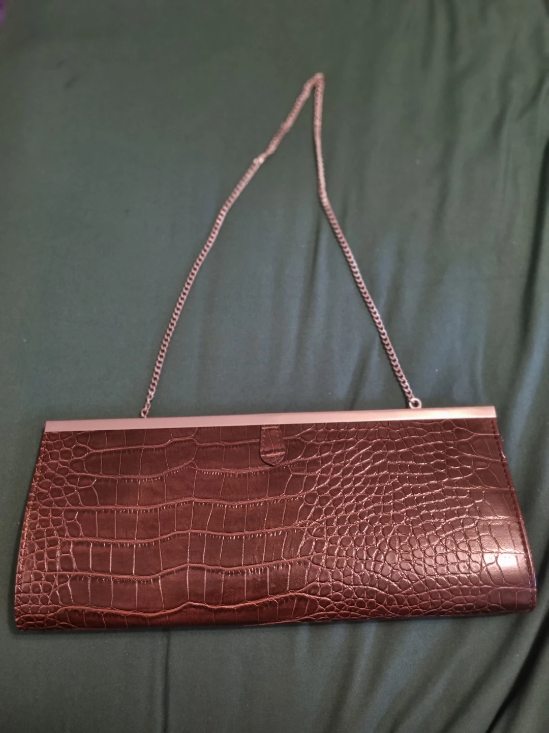 ALDO Brown Croc-Embossed Clutch Bag with Silver Chain