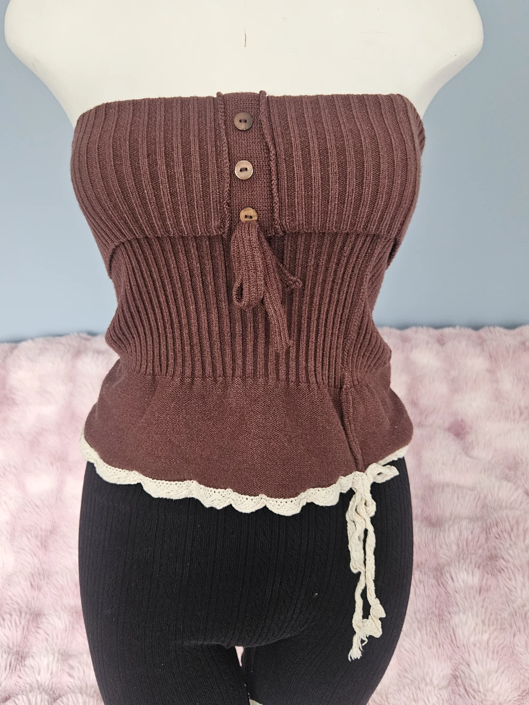 knitted brown babydoll tube top