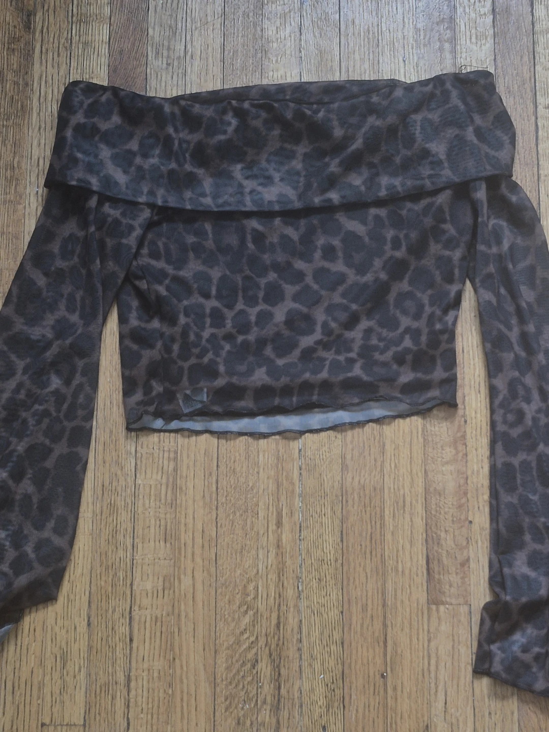 Off-the-shoulder leopard print mesh top
