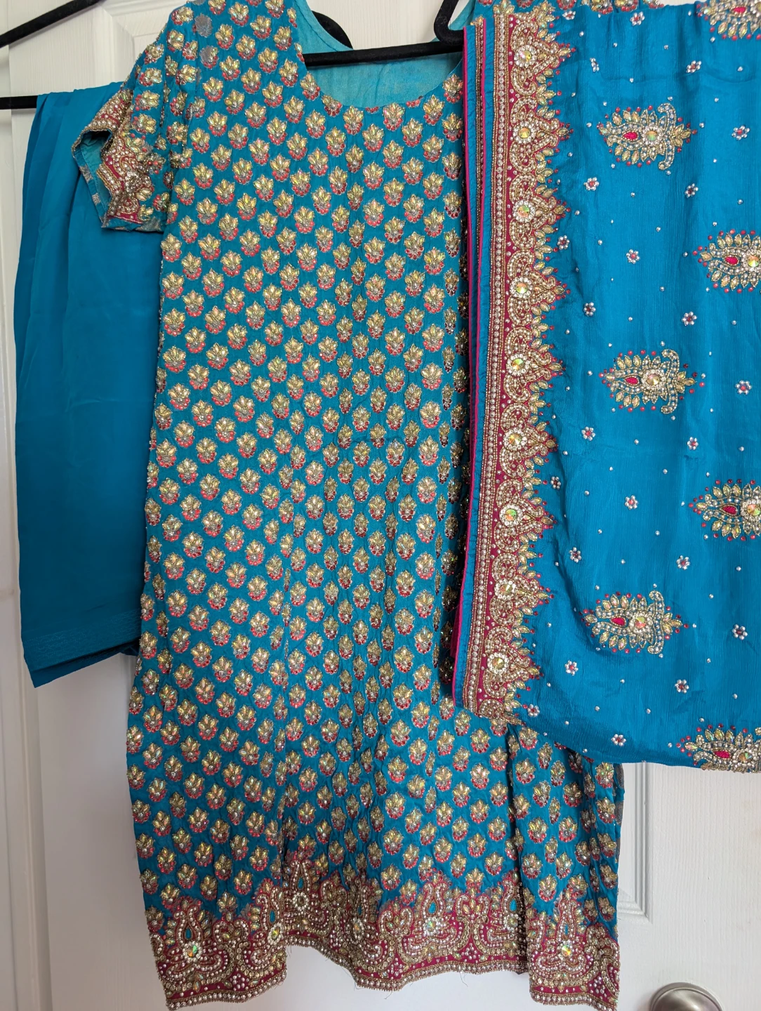 Embellished Teal Salwar Kameez Dupatta Set