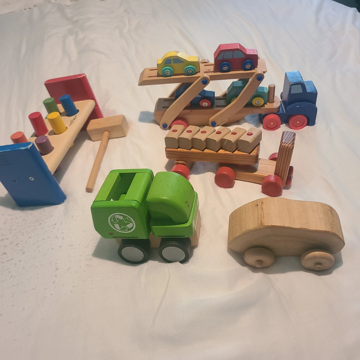Set of Assort. Wooden Vehicles & peg/mallet
