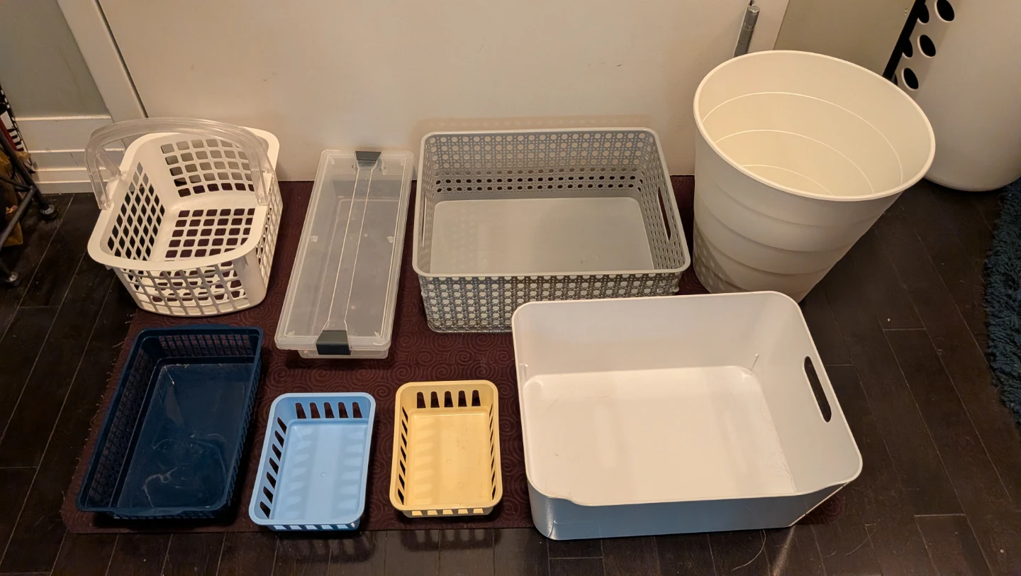 8 Assorted Storage Bins and Baskets, IKEA Trash Bin