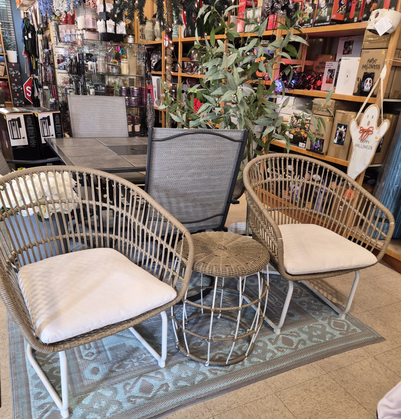 New 3 piece Wicker Accent Chairs with Cushions and side table