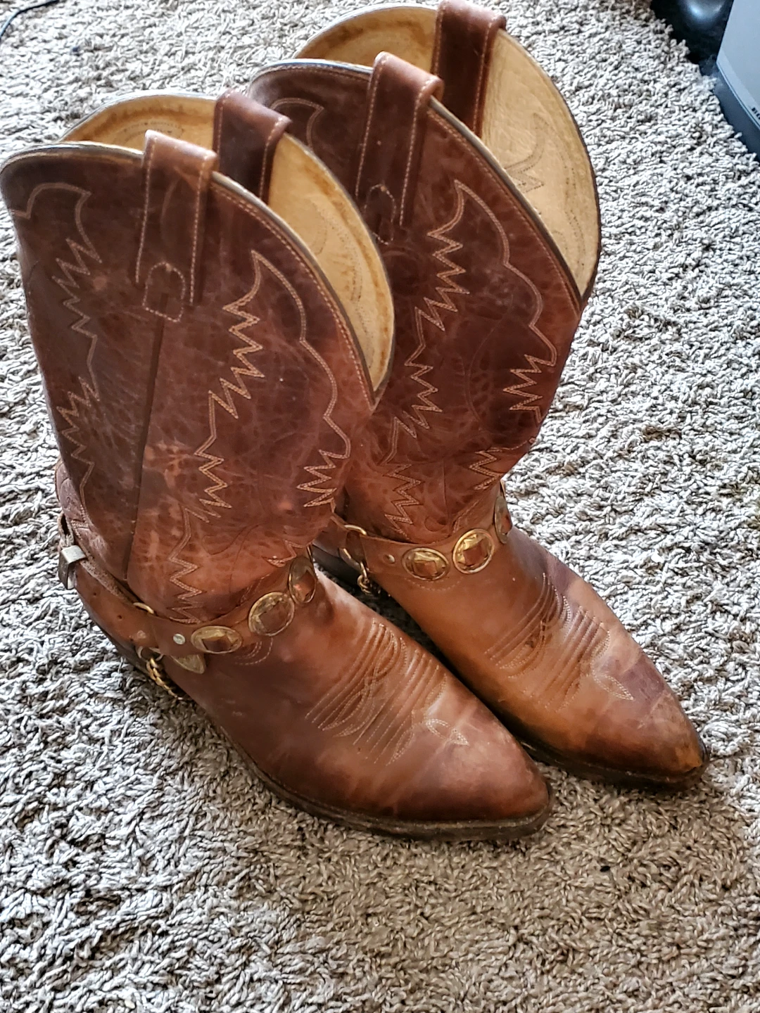 Brown Leather Cowboy Boots with Chain Detail
