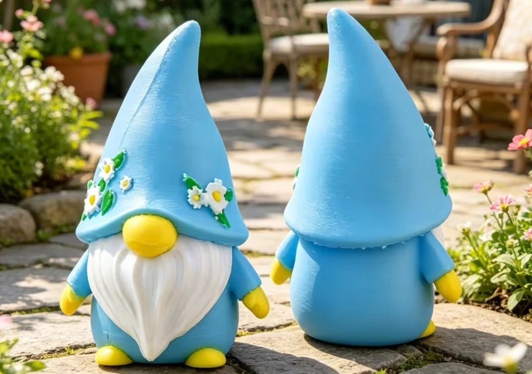 Blue Garden Gnome Figurine with Flowers