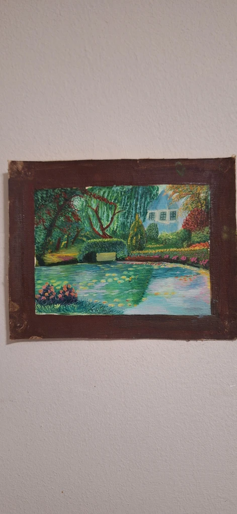 Vintage Garden Scene Oil Painting
